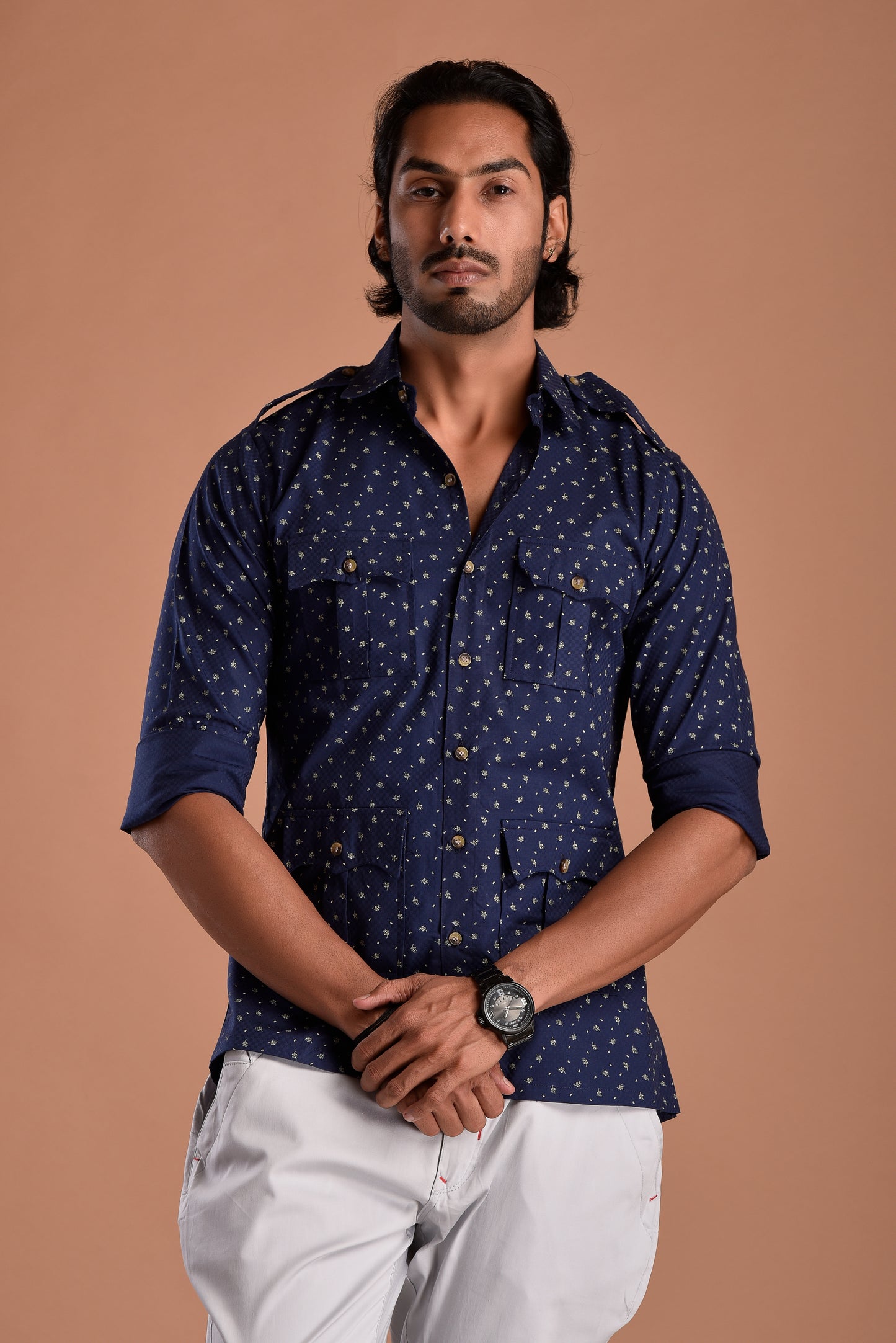 Sapphire Blue Hunting Style Cotton printed Shirt