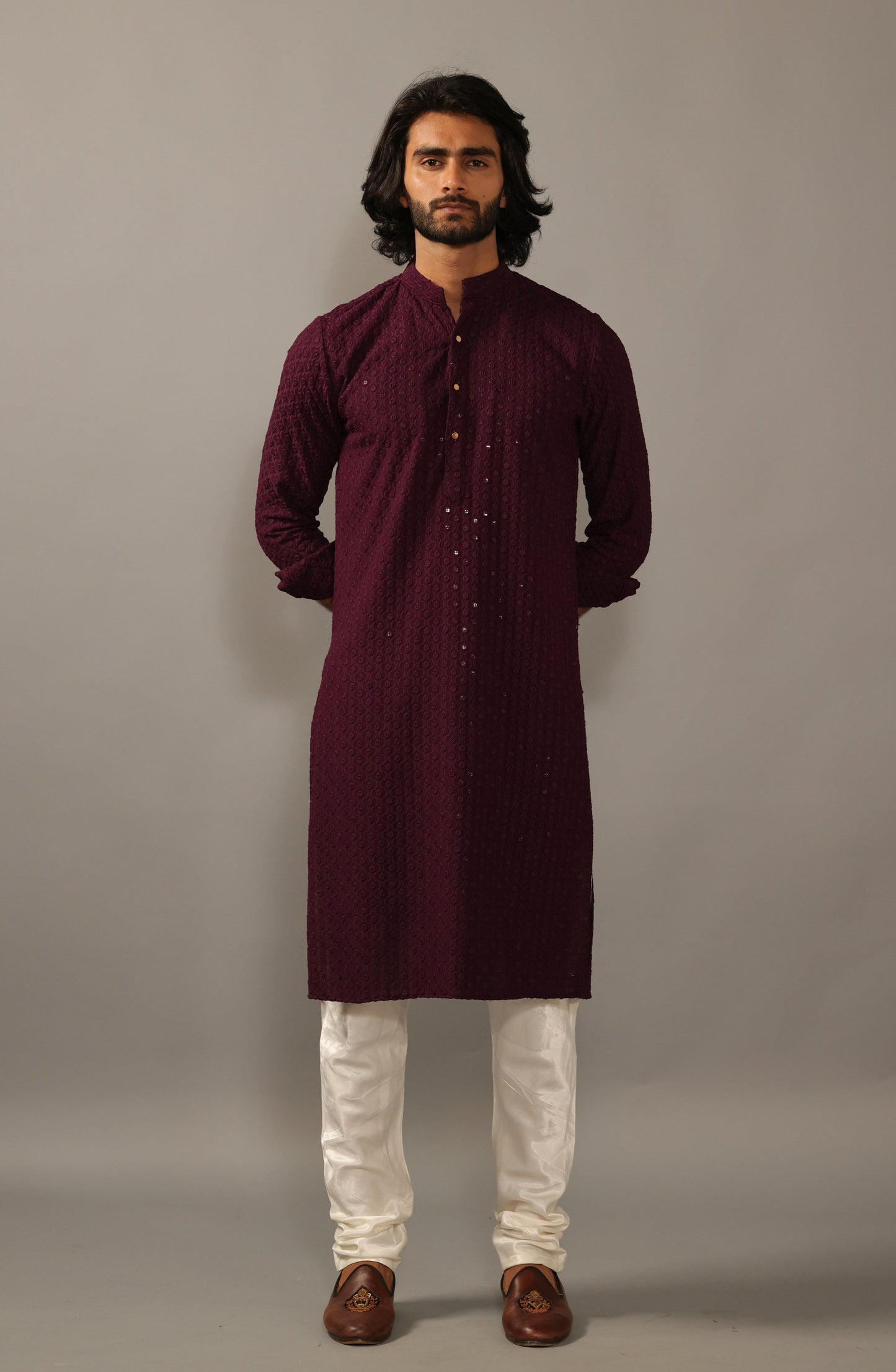 Handmade Wine Chikankaari Embroidered Kurta Pajama Set