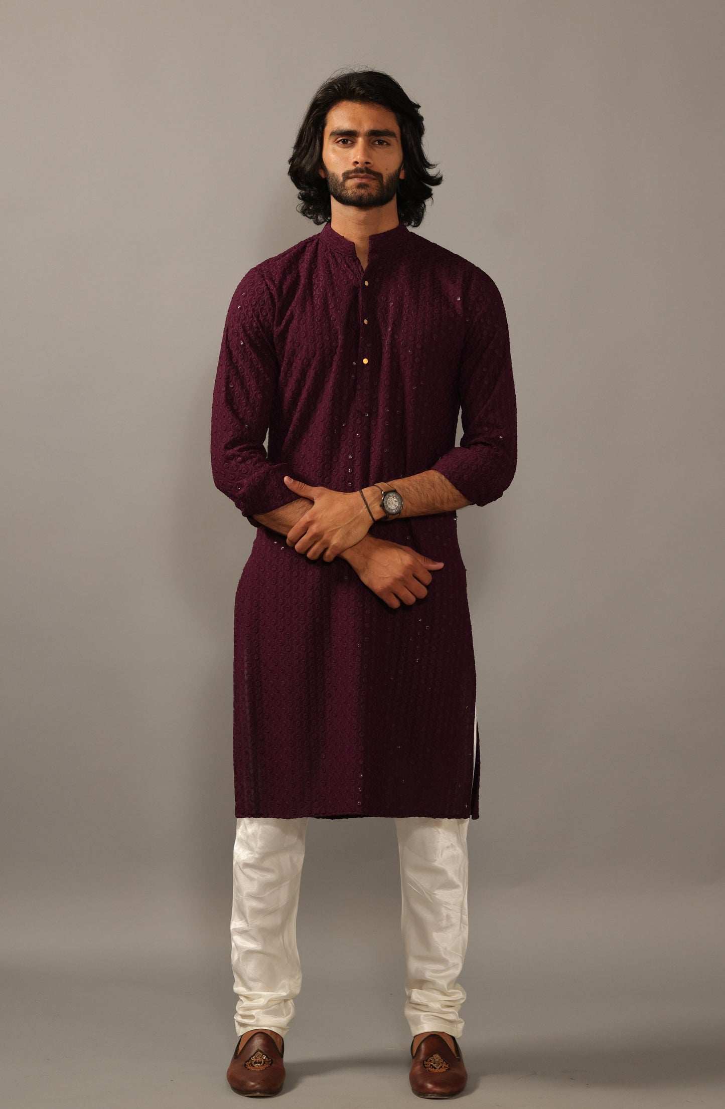 Handmade Wine Chikankaari Embroidered Kurta Pajama Set