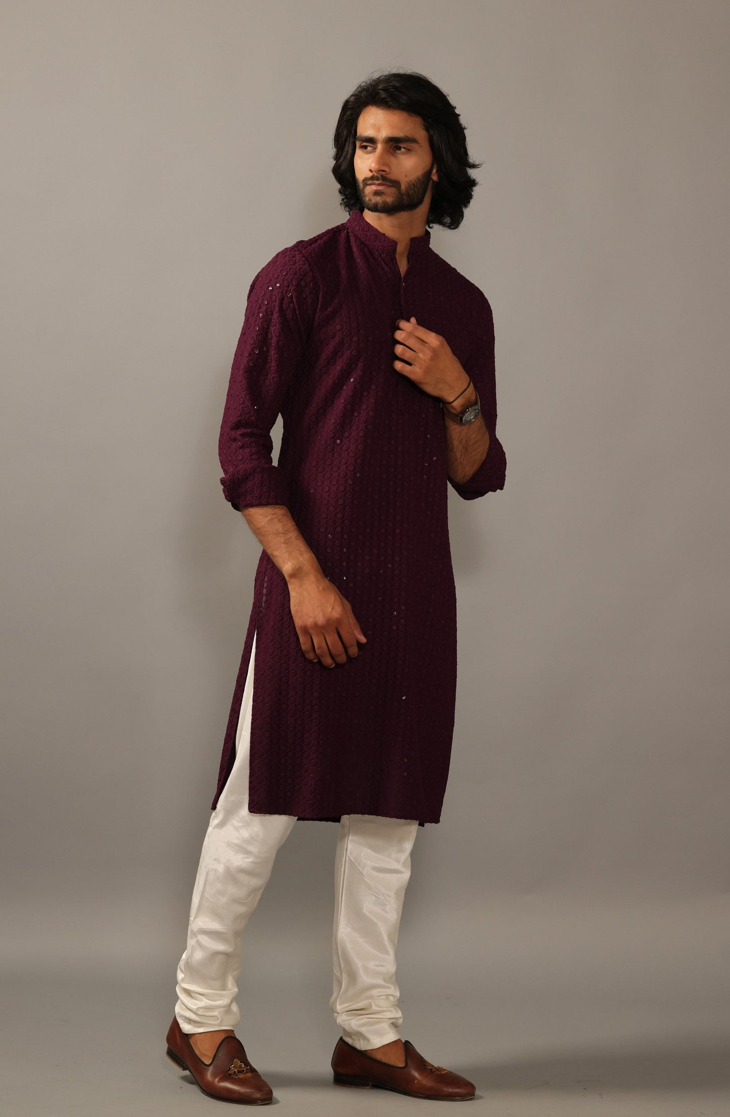 Handmade Wine Chikankaari Embroidered Kurta Pajama Set