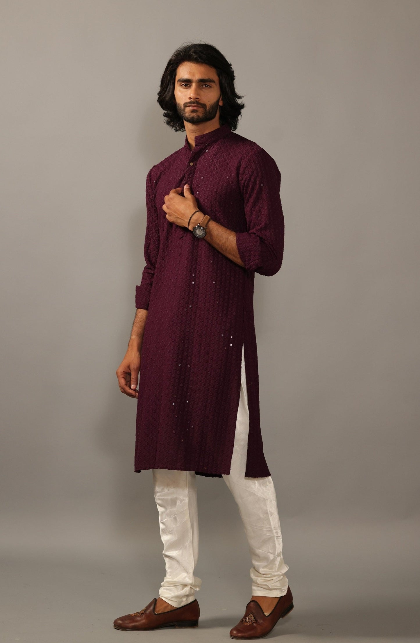 Handmade Wine Chikankaari Embroidered Kurta Pajama Set