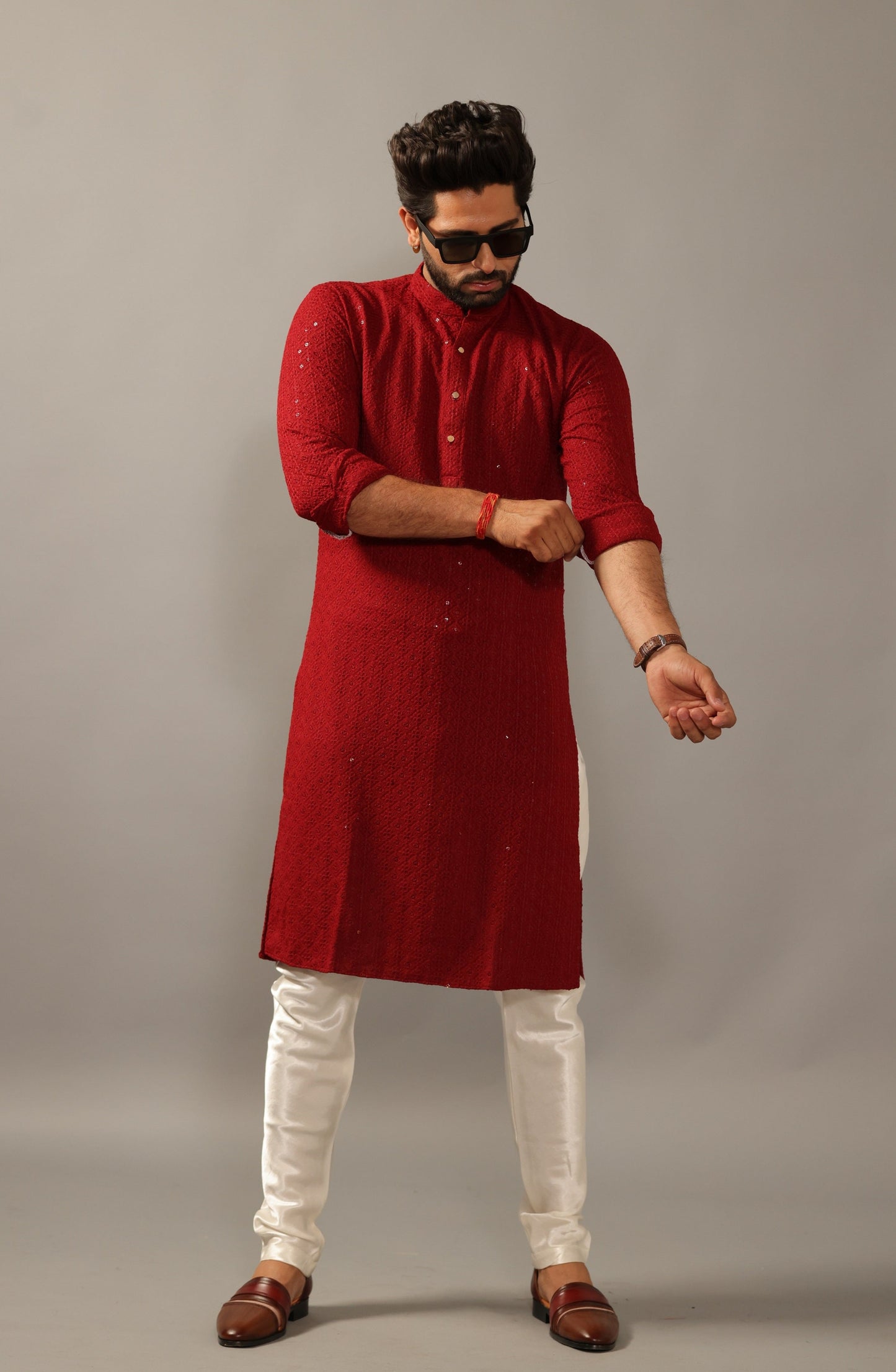 Handmade Ruby Red Chikankaari Embroidered Kurta Pajama Set