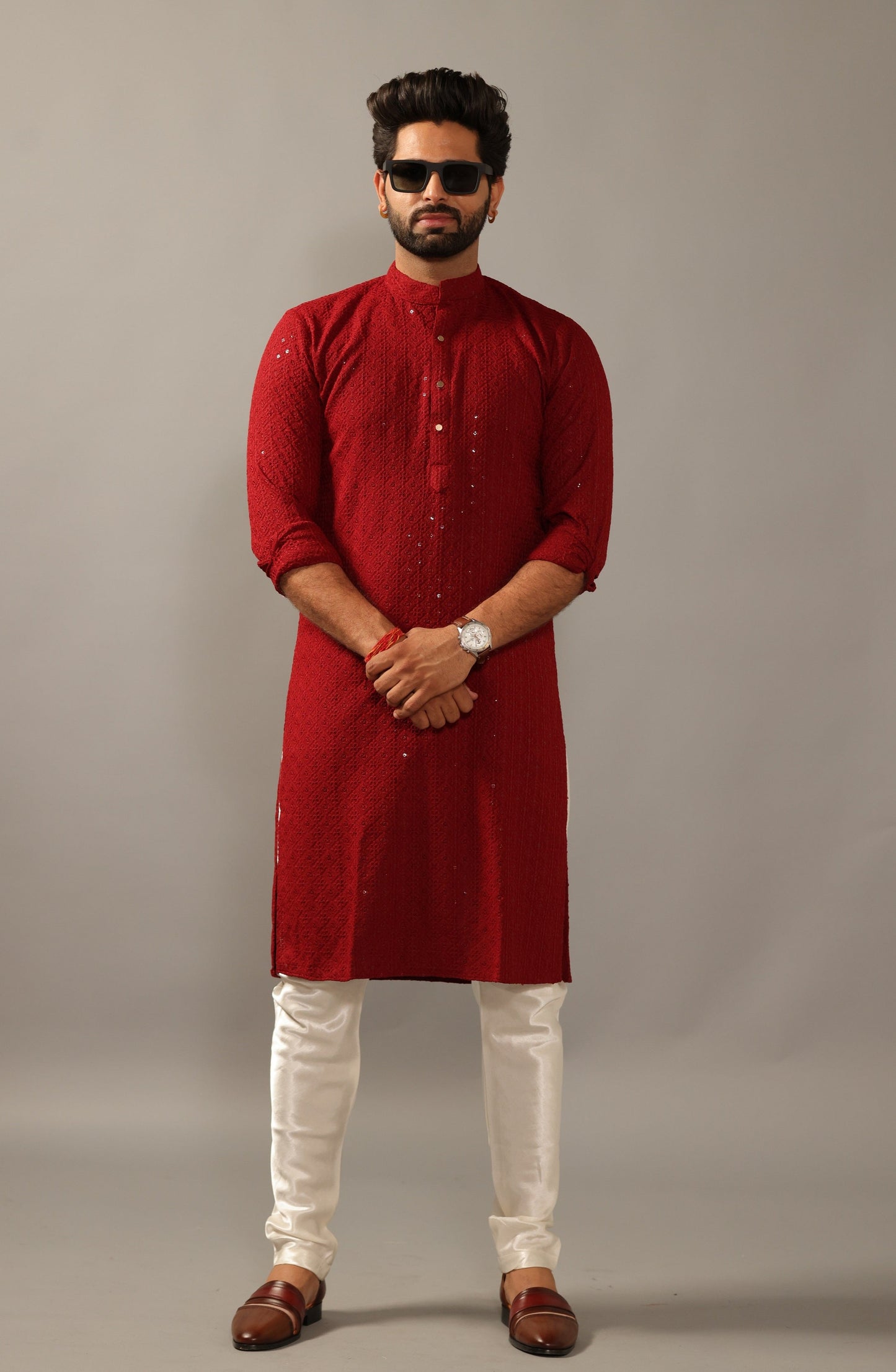 Handmade Ruby Red Chikankaari Embroidered Kurta Pajama Set