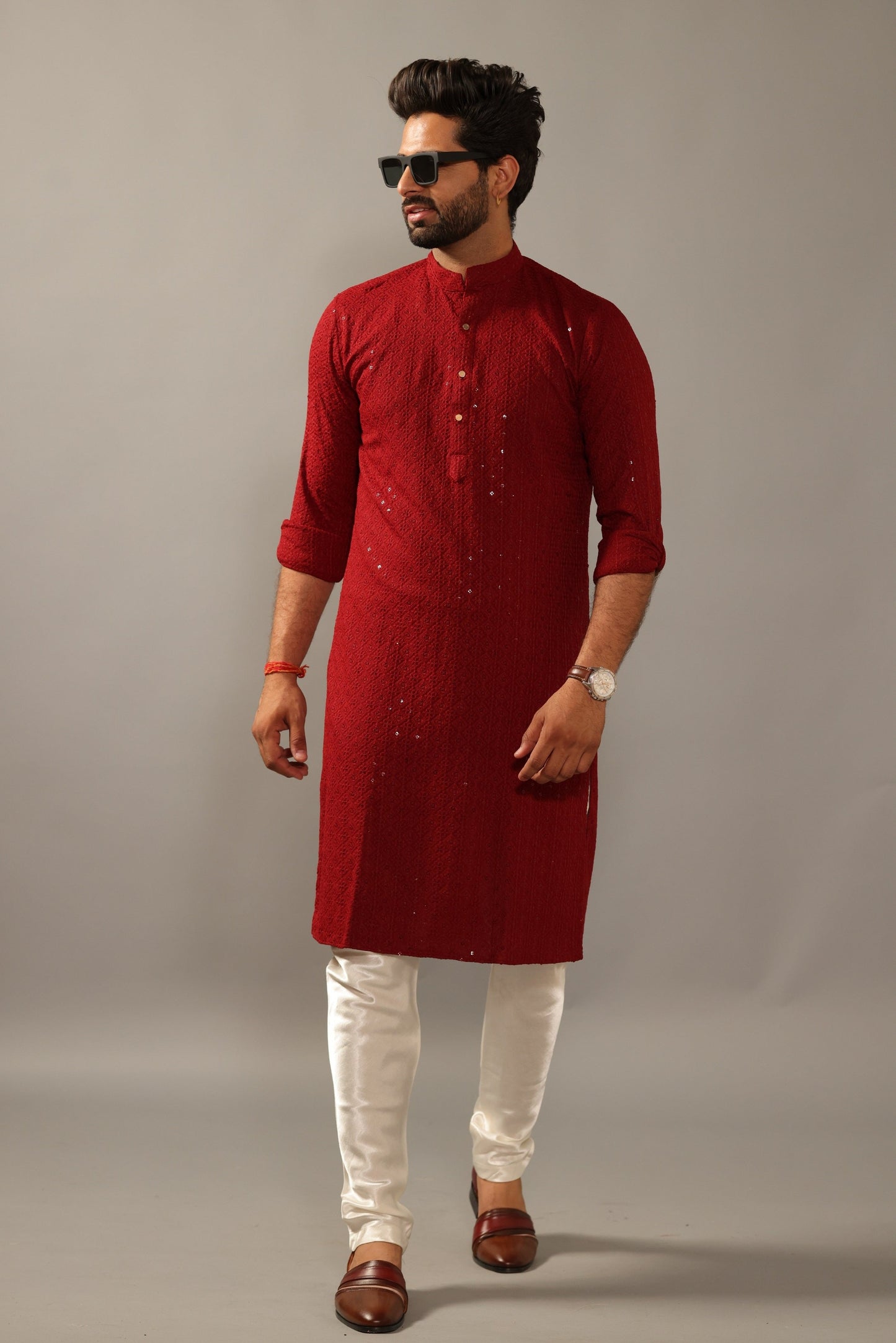 Handmade Ruby Red Chikankaari Embroidered Kurta Pajama Set