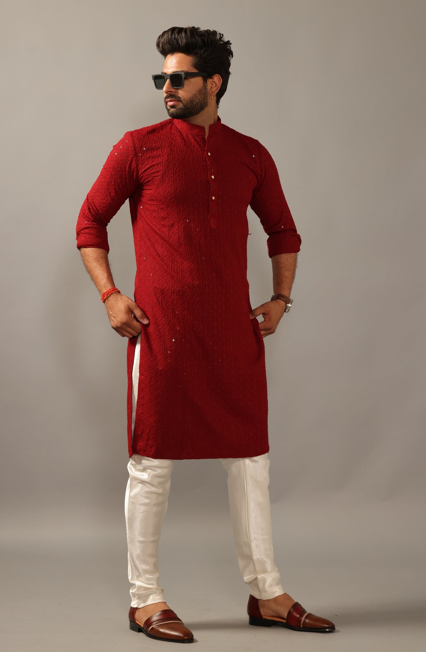 Handmade Ruby Red Chikankaari Embroidered Kurta Pajama Set