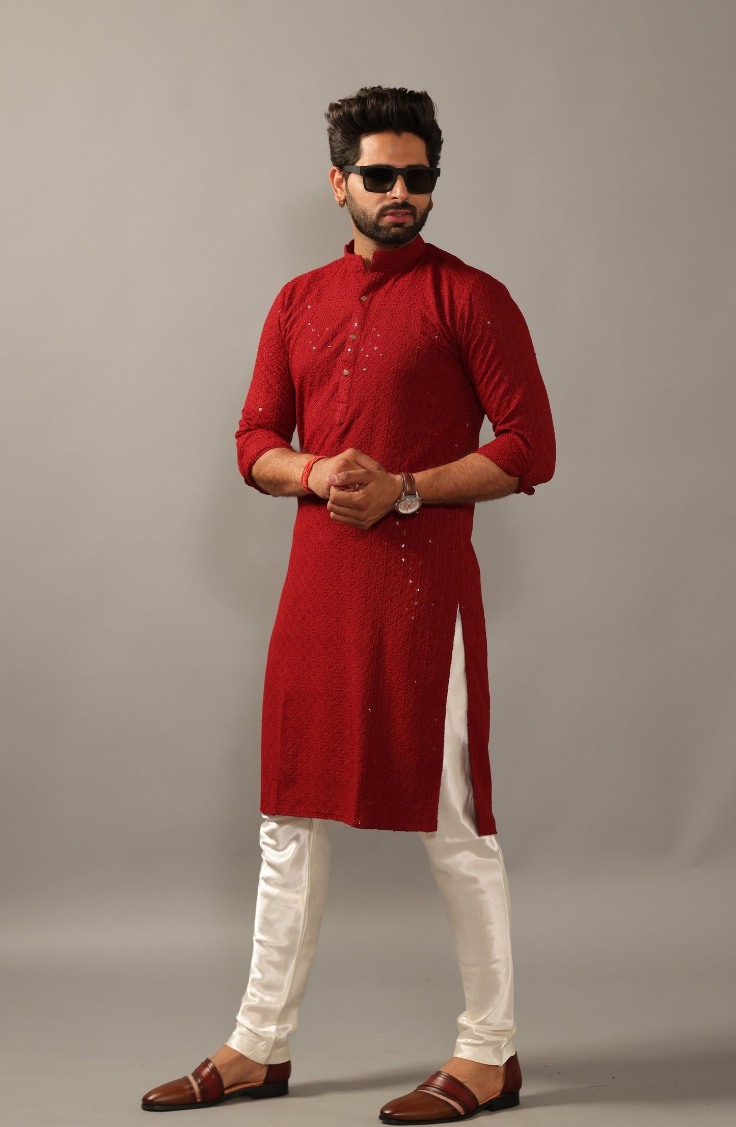 Handmade Ruby Red Chikankaari Embroidered Kurta Pajama Set
