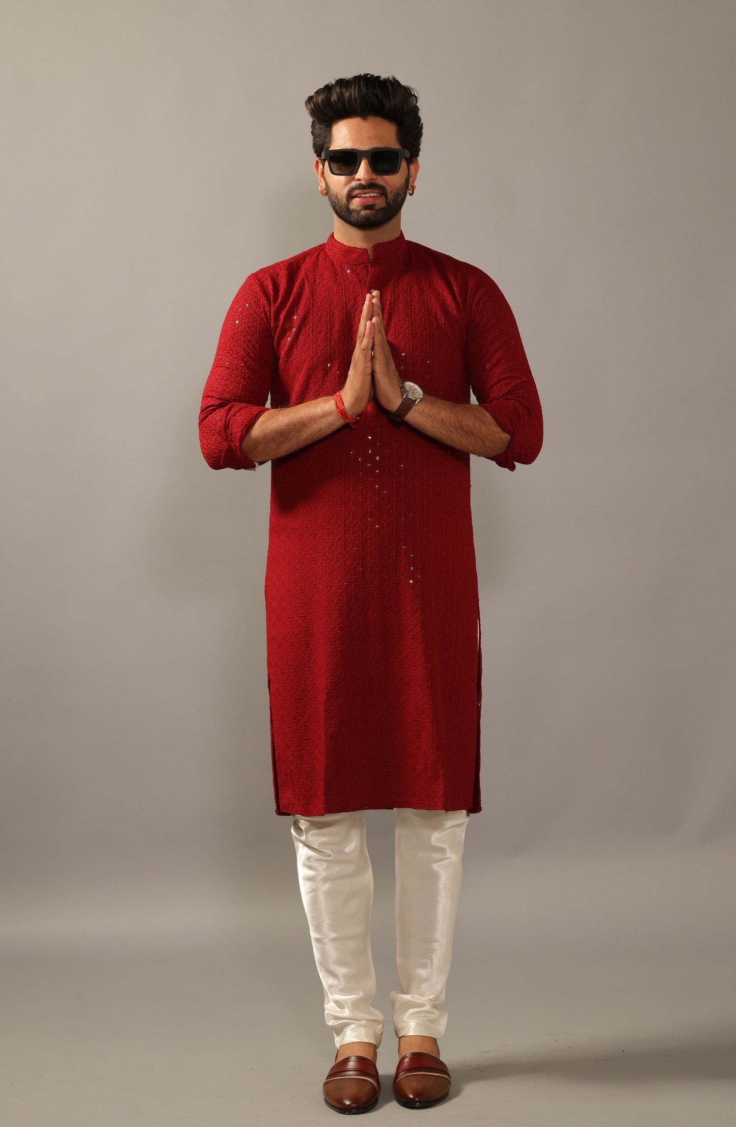 Handmade Ruby Red Chikankaari Embroidered Kurta Pajama Set