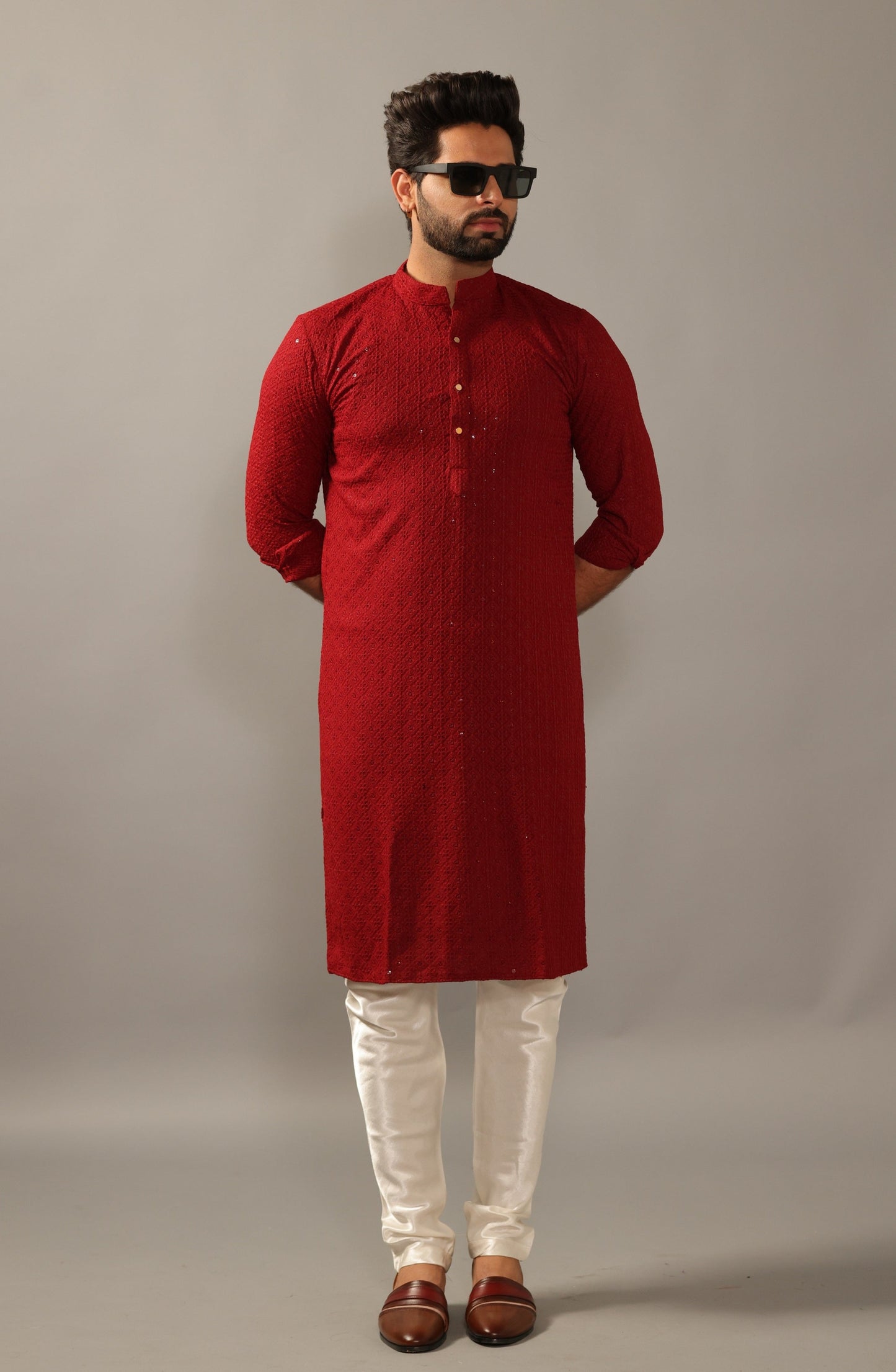 Handmade Ruby Red Chikankaari Embroidered Kurta Pajama Set