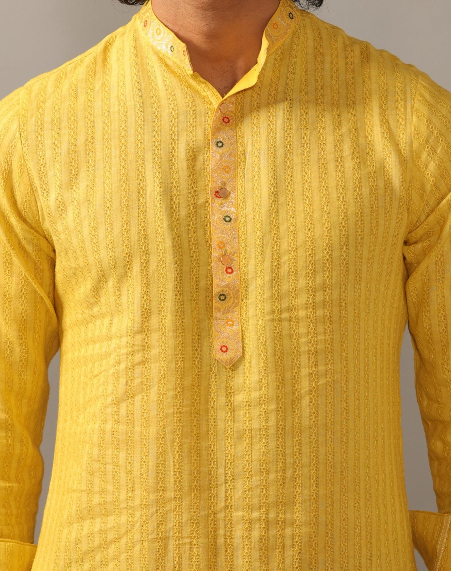 Self Design Daffodil Yellow Cotton Kurta Pajama with Banarasi Details