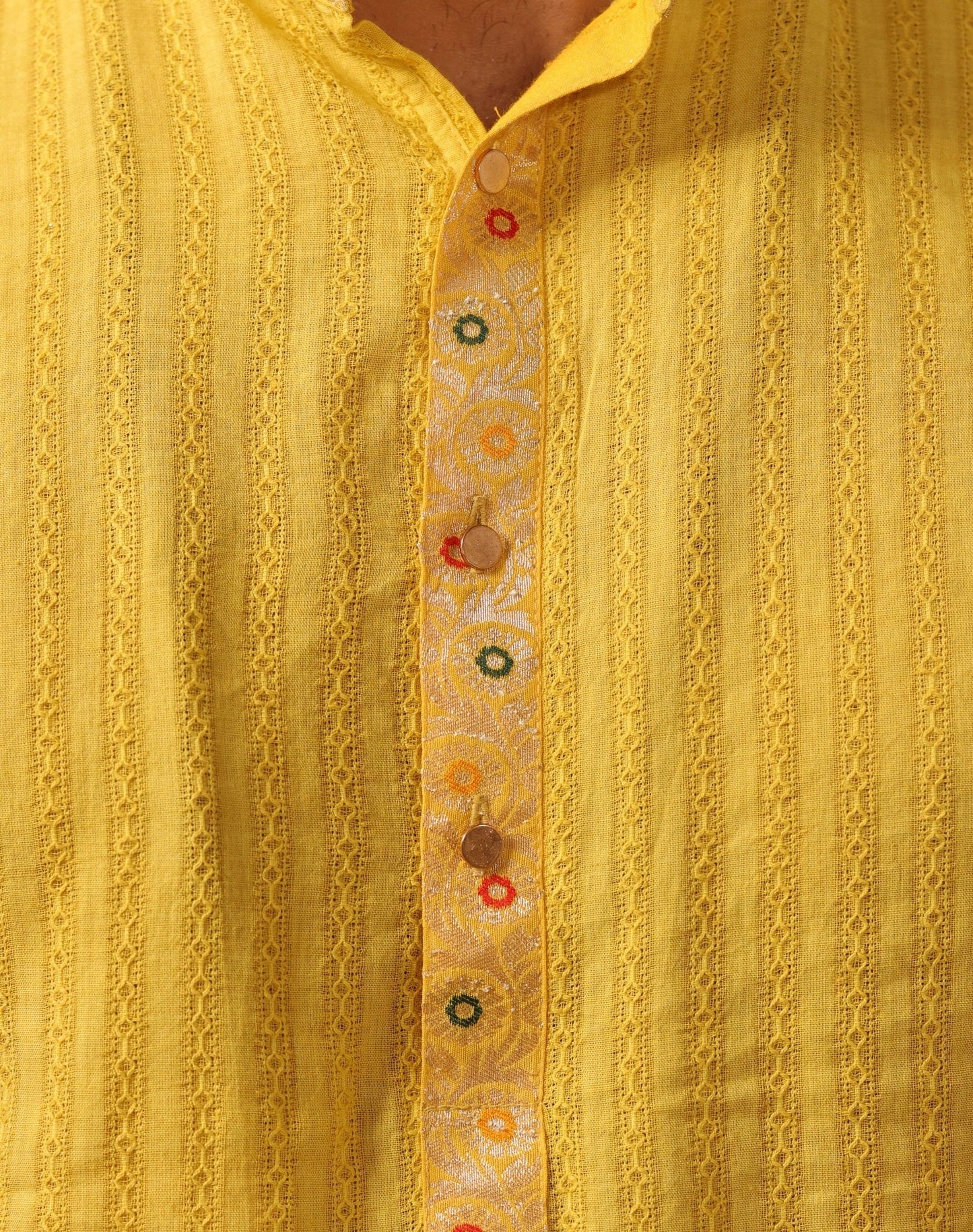 Self Design Daffodil Yellow Cotton Kurta Pajama with Banarasi Details