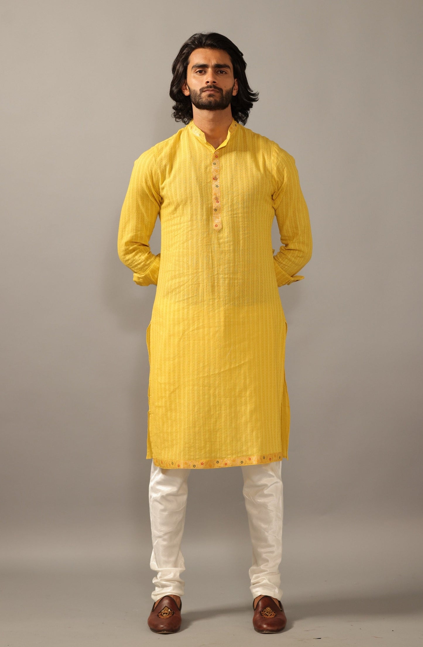 Self Design Daffodil Yellow Cotton Kurta Pajama with Banarasi Details