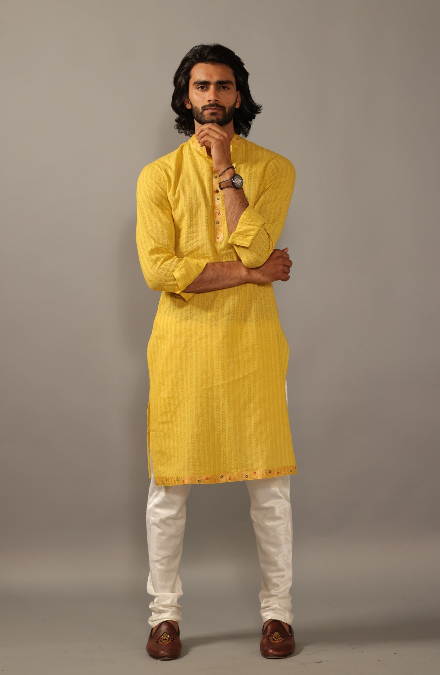 Self Design Daffodil Yellow Cotton Kurta Pajama with Banarasi Details