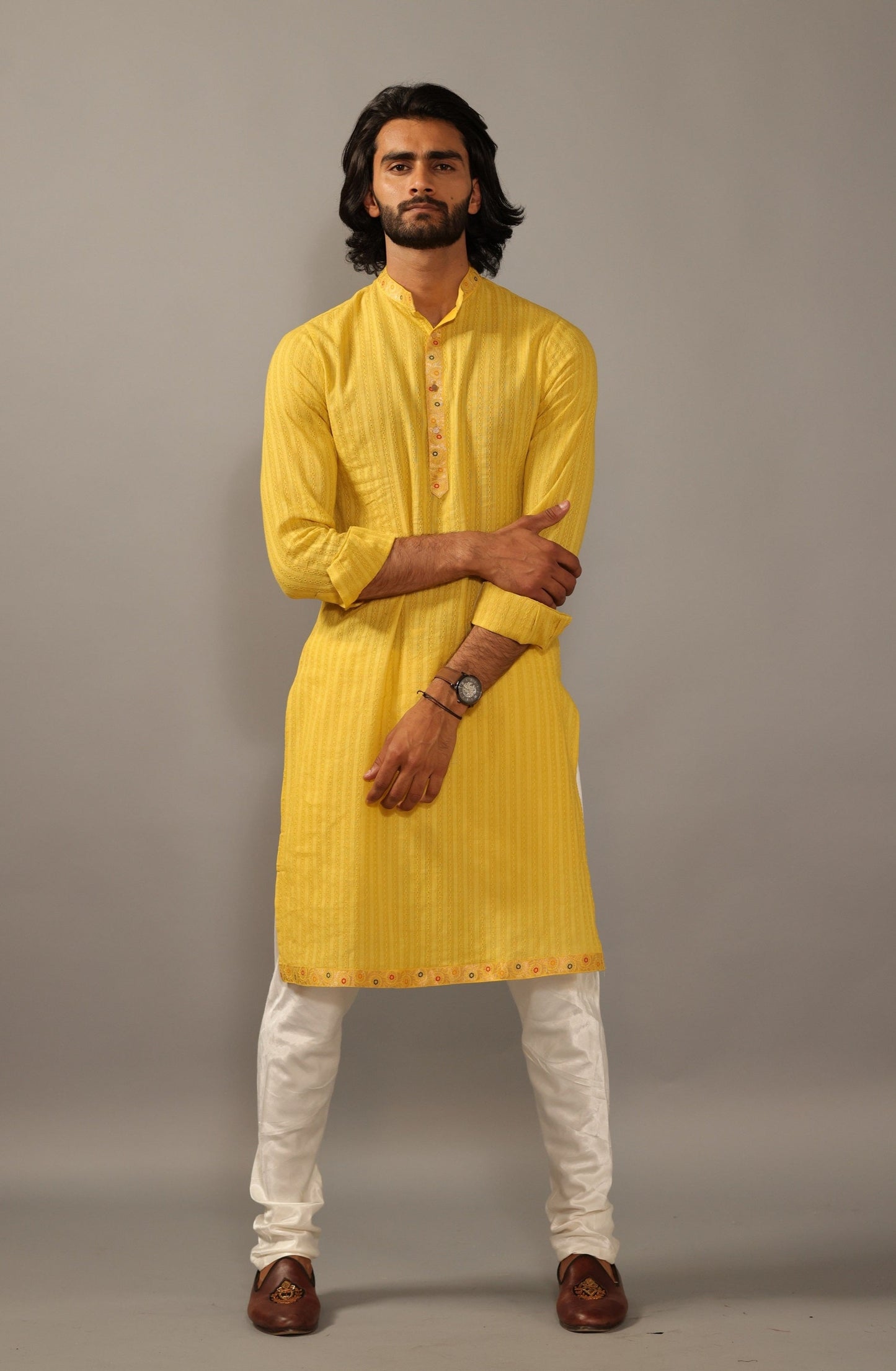Self Design Daffodil Yellow Cotton Kurta Pajama with Banarasi Details