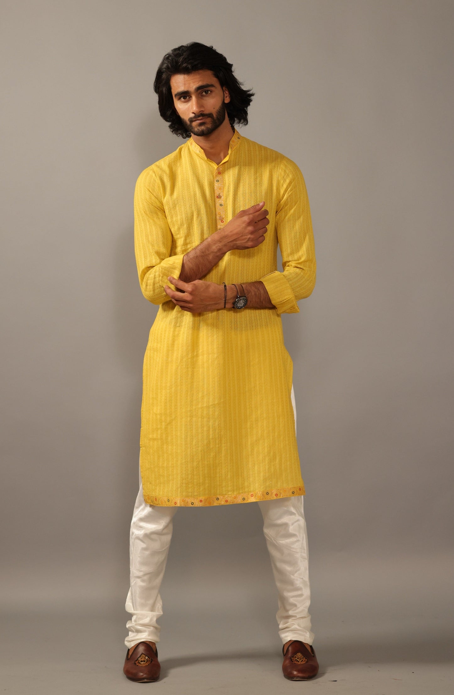 Self Design Daffodil Yellow Cotton Kurta Pajama with Banarasi Details