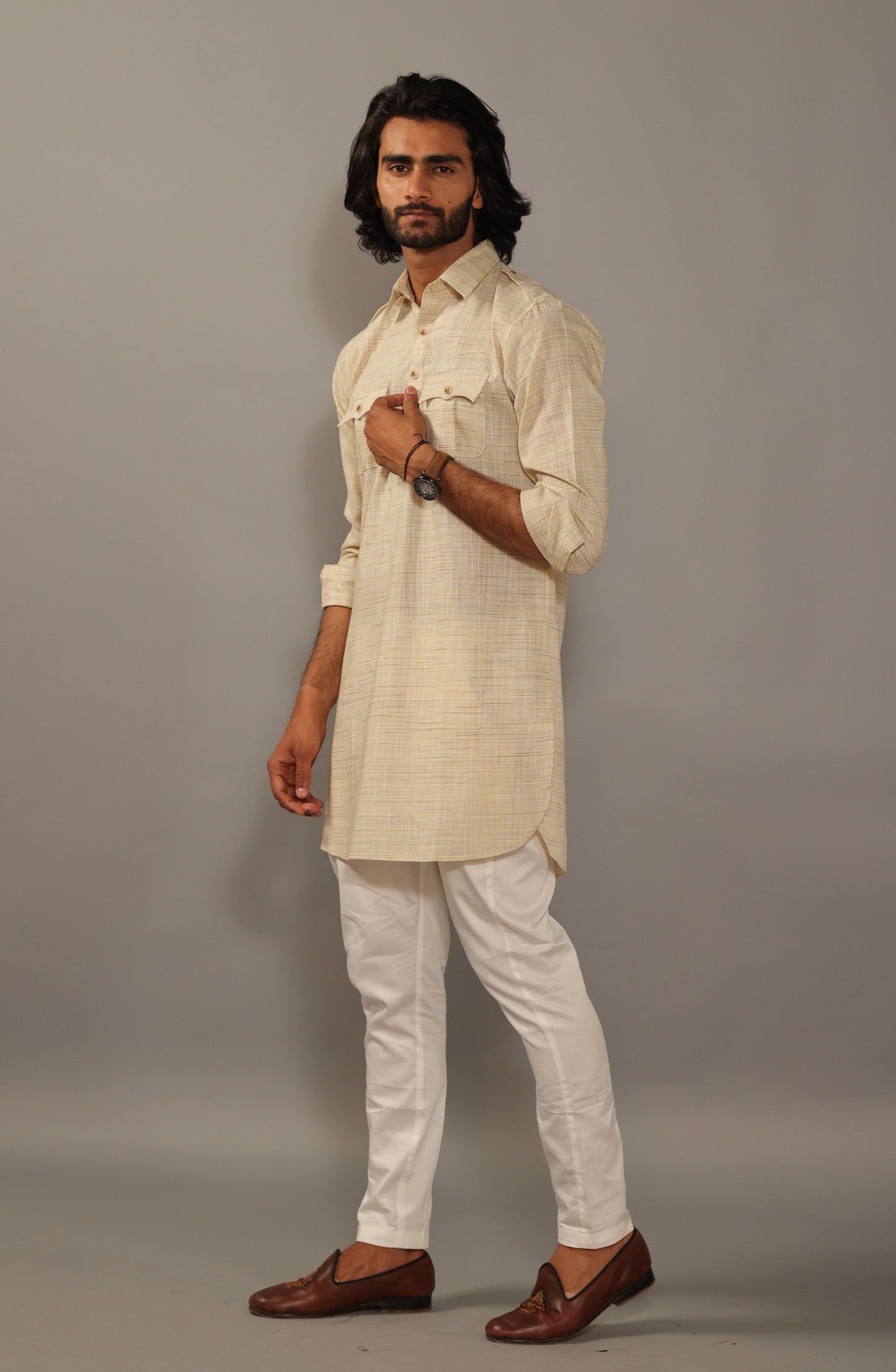 Khaki Yellow Hunting Kurta Pajama Set