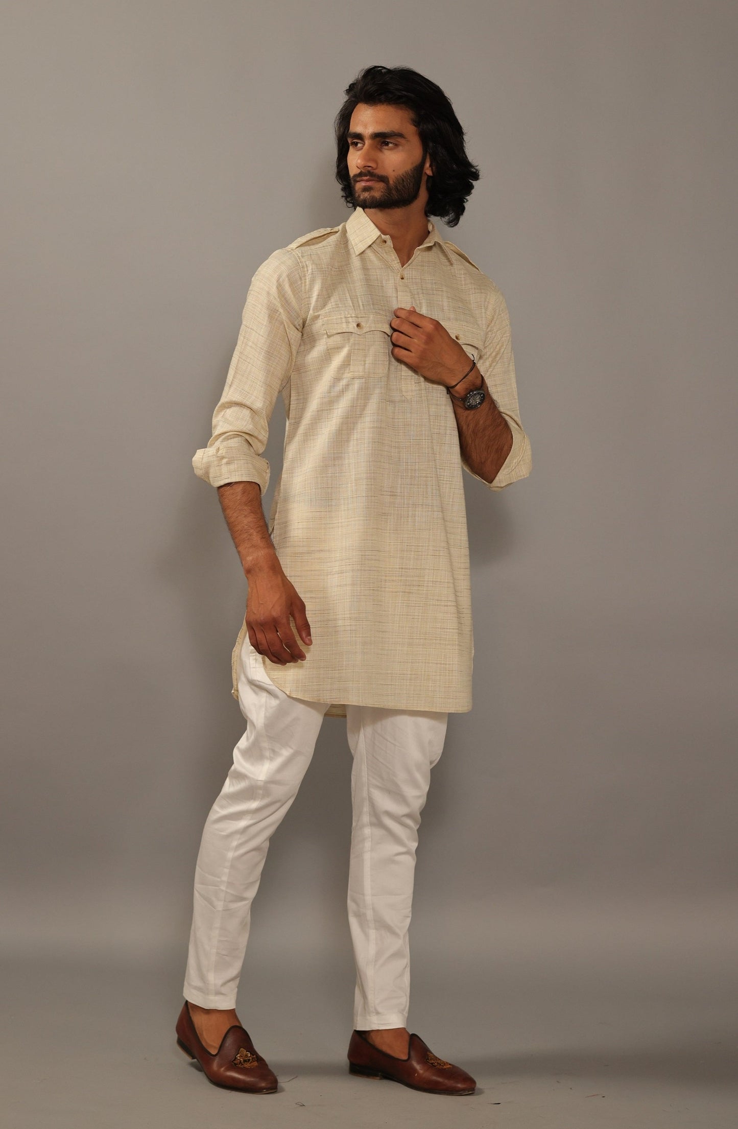 Khaki Yellow Hunting Kurta Pajama Set