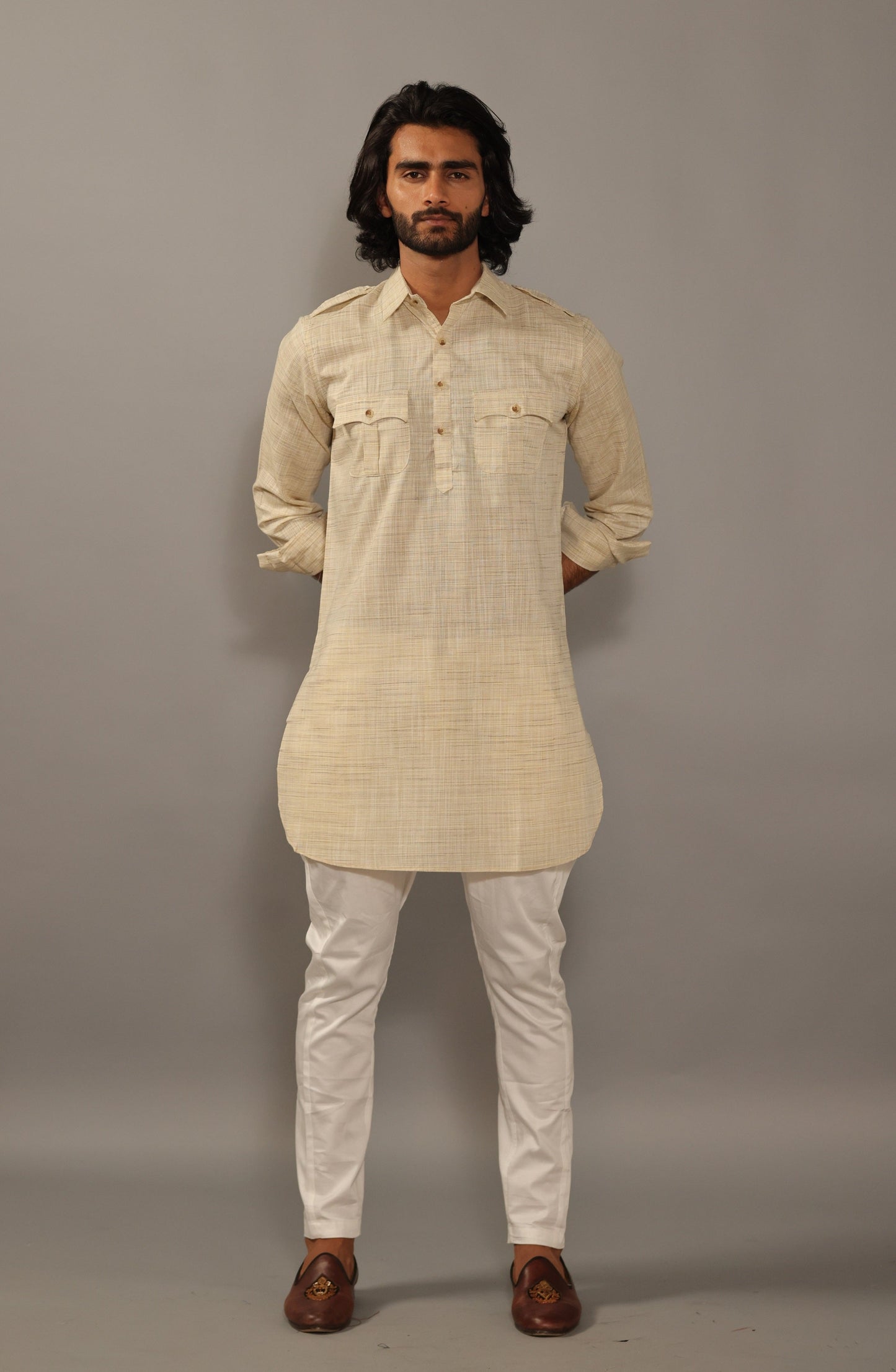 Khaki Yellow Hunting Kurta Pajama Set