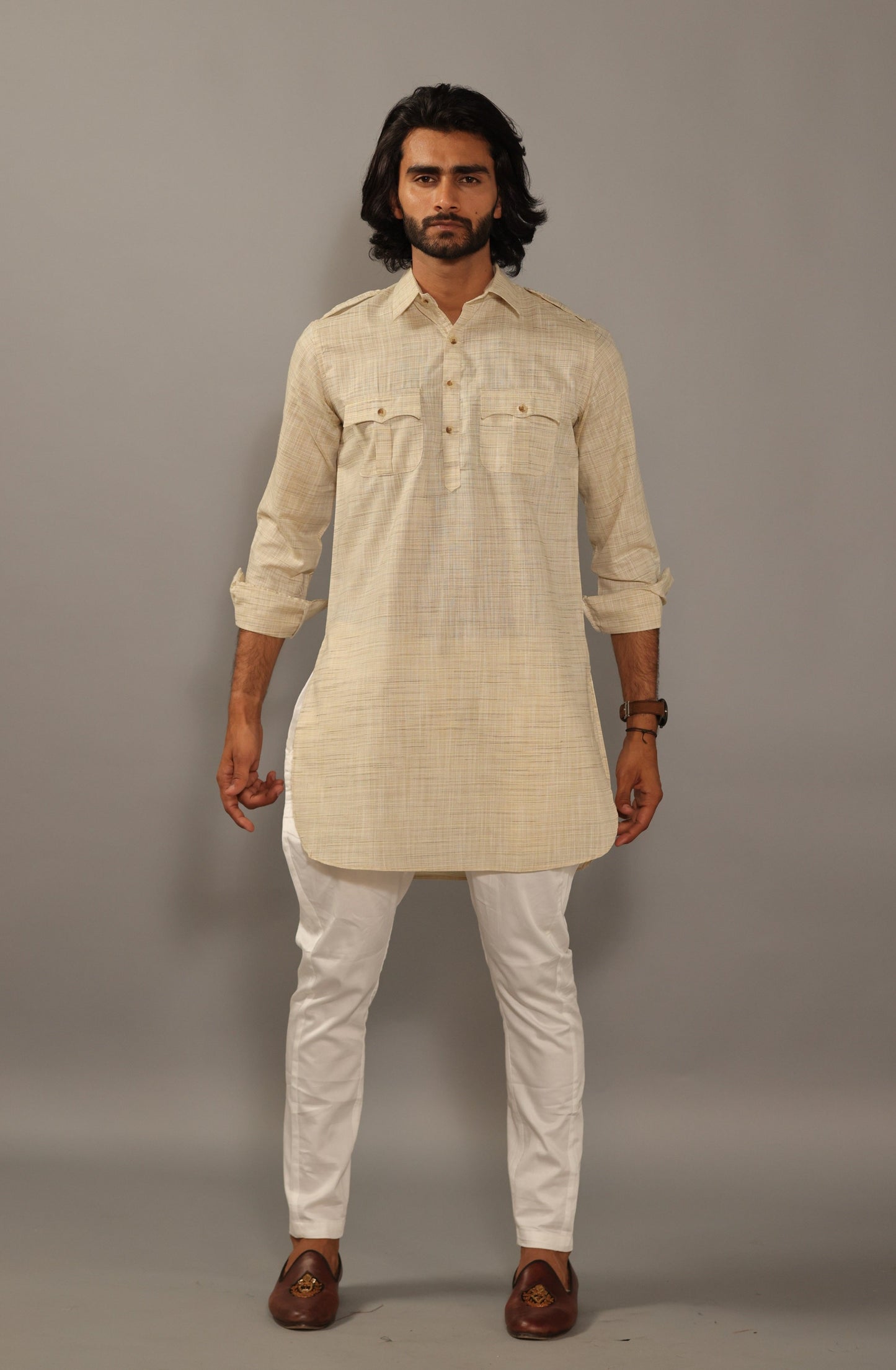 Khaki Yellow Hunting Kurta Pajama Set