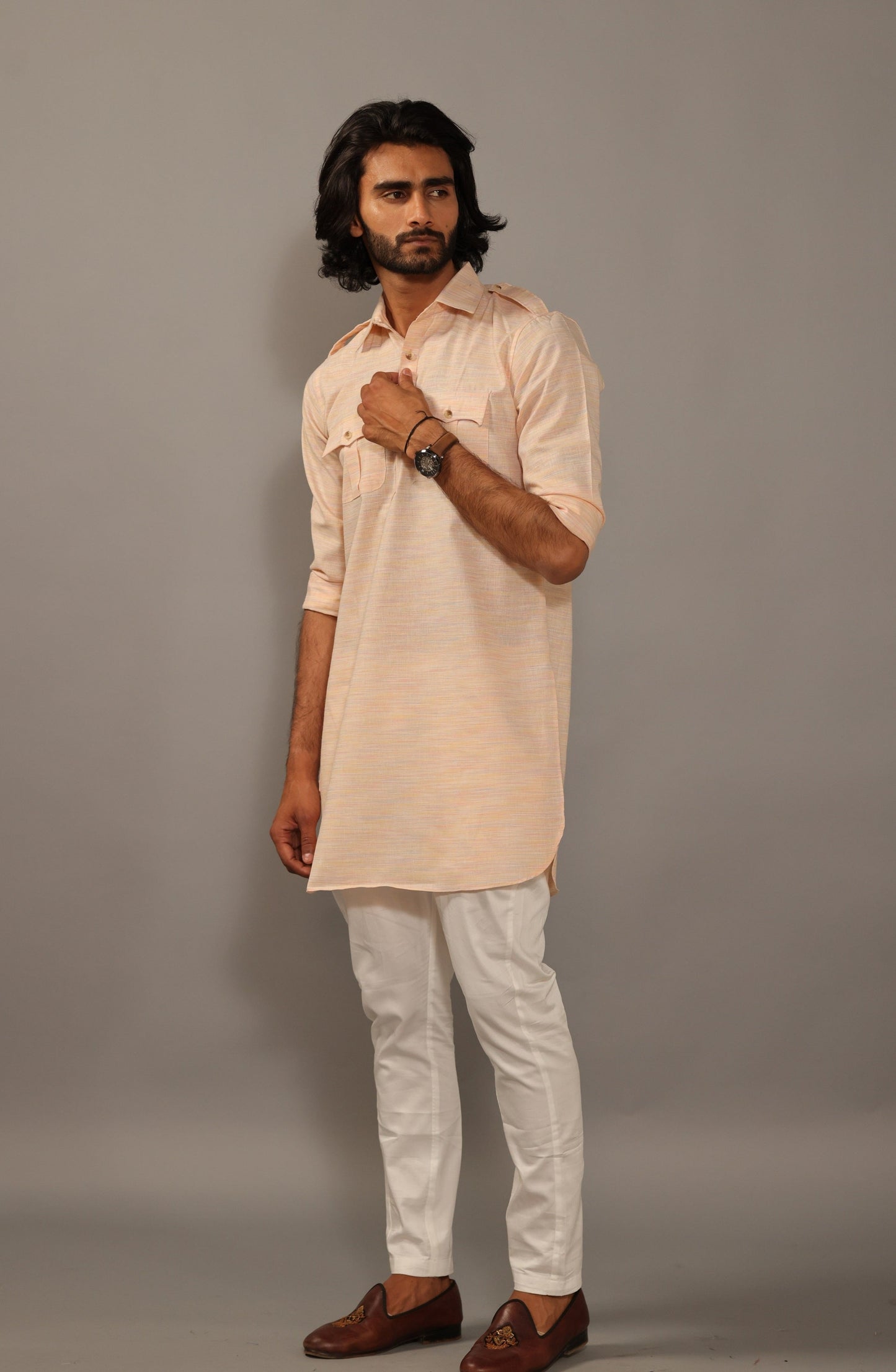 Khaki Peach Hunting Kurta Pajama Set