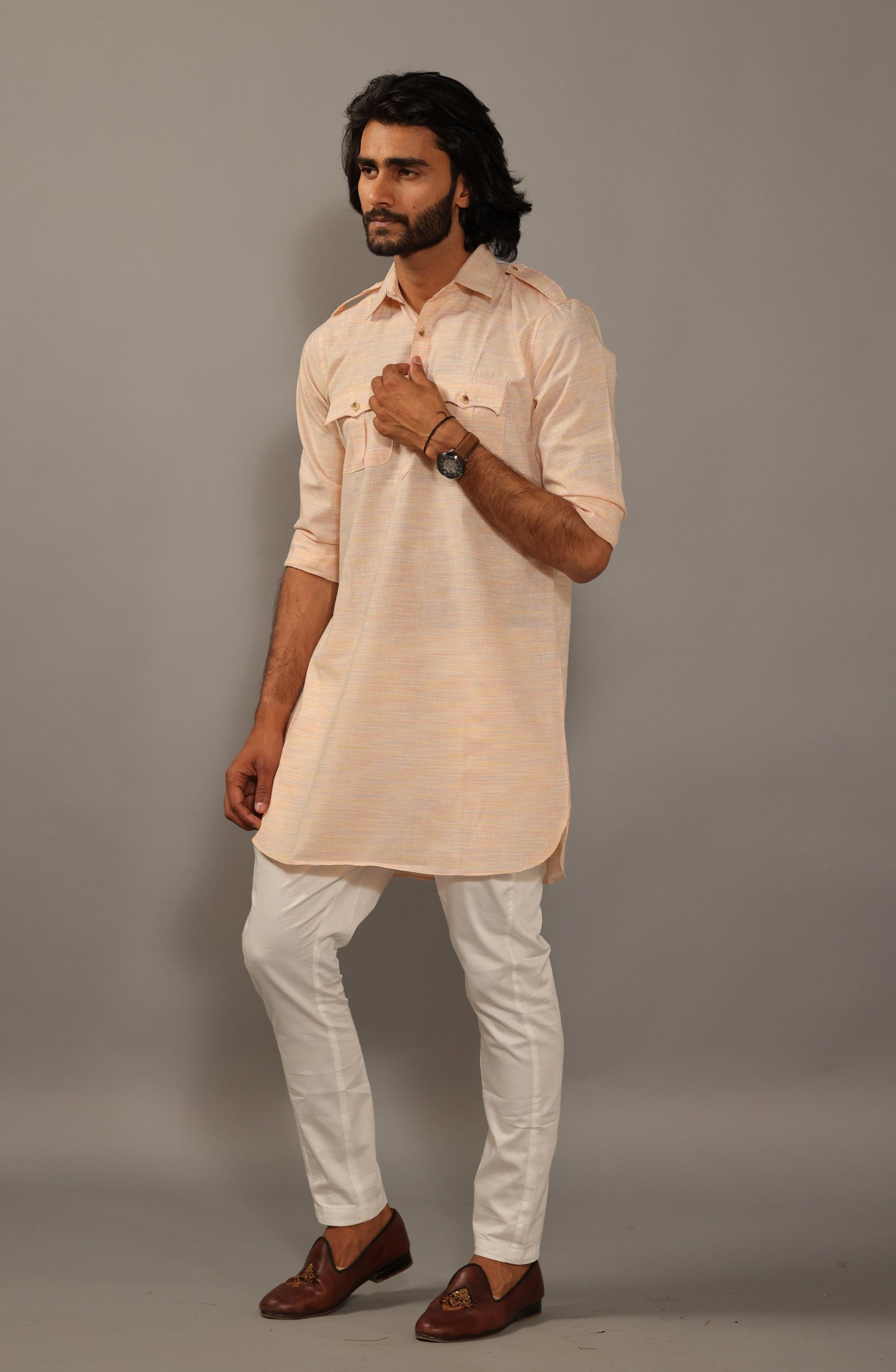 Khaki Peach Hunting Kurta Pajama Set