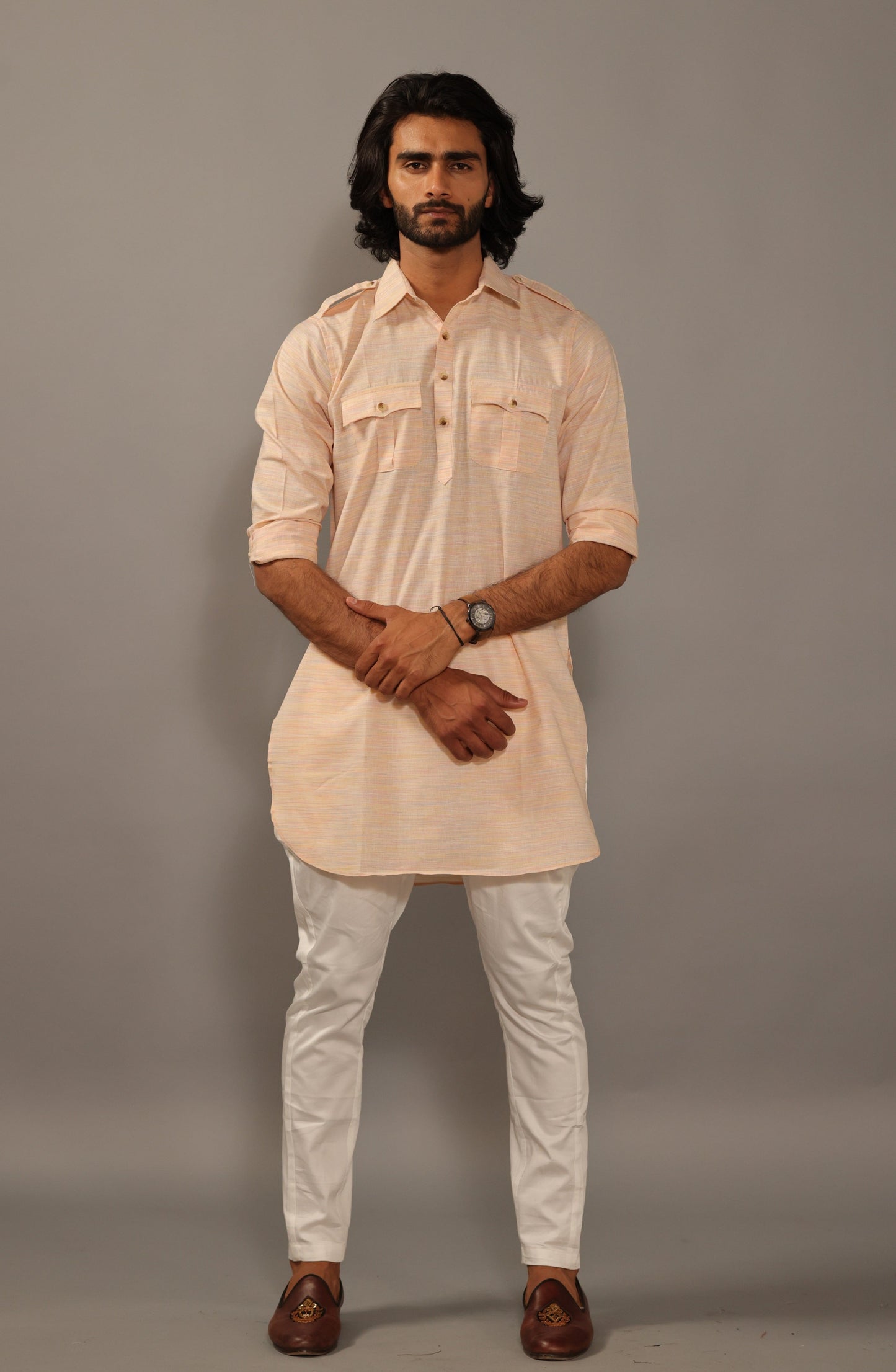 Khaki Peach Hunting Kurta Pajama Set