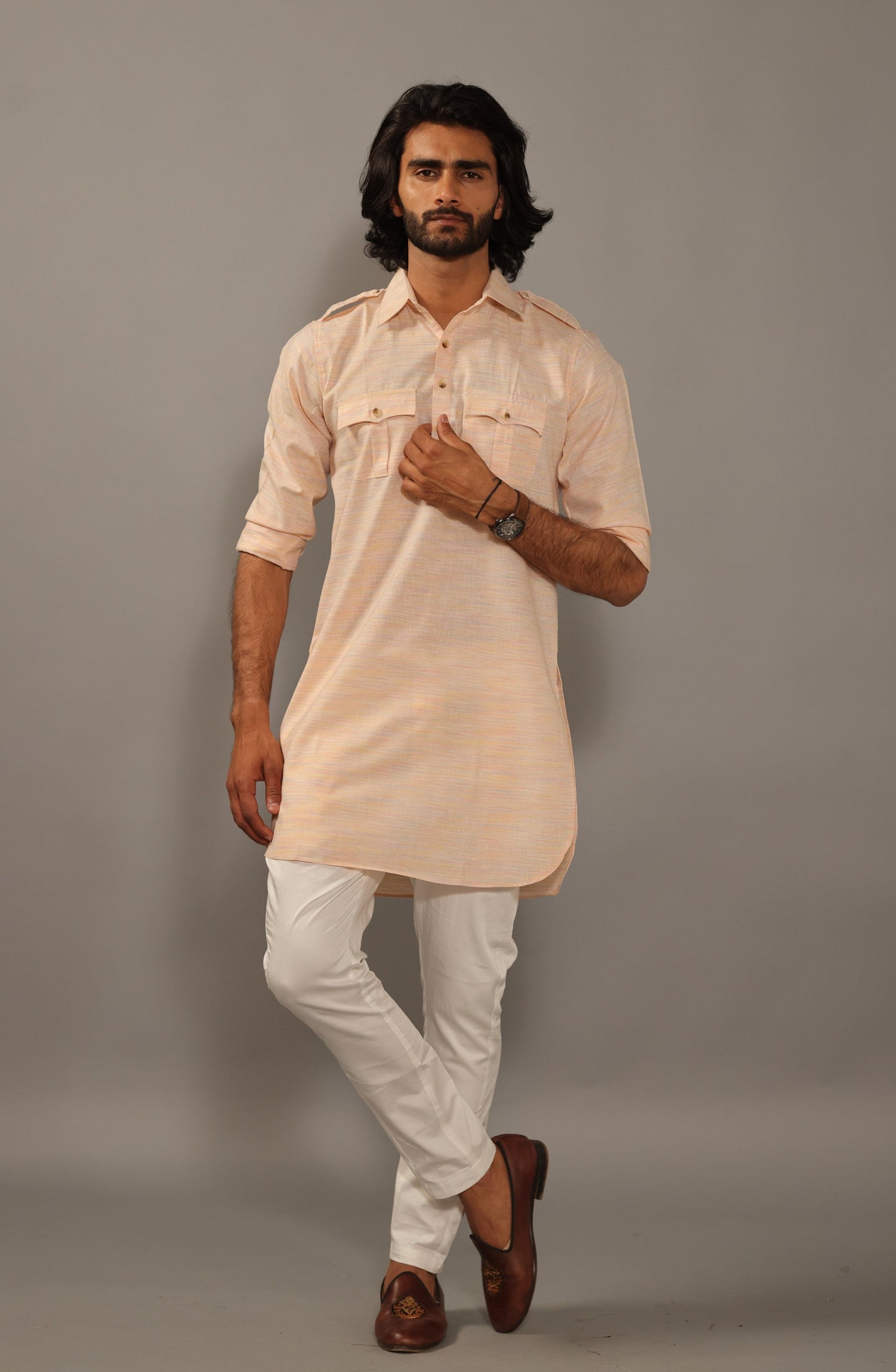 Khaki Peach Hunting Kurta Pajama Set