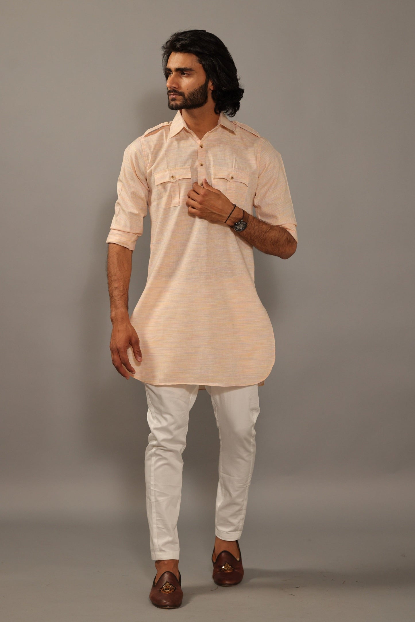 Khaki Peach Hunting Kurta Pajama Set