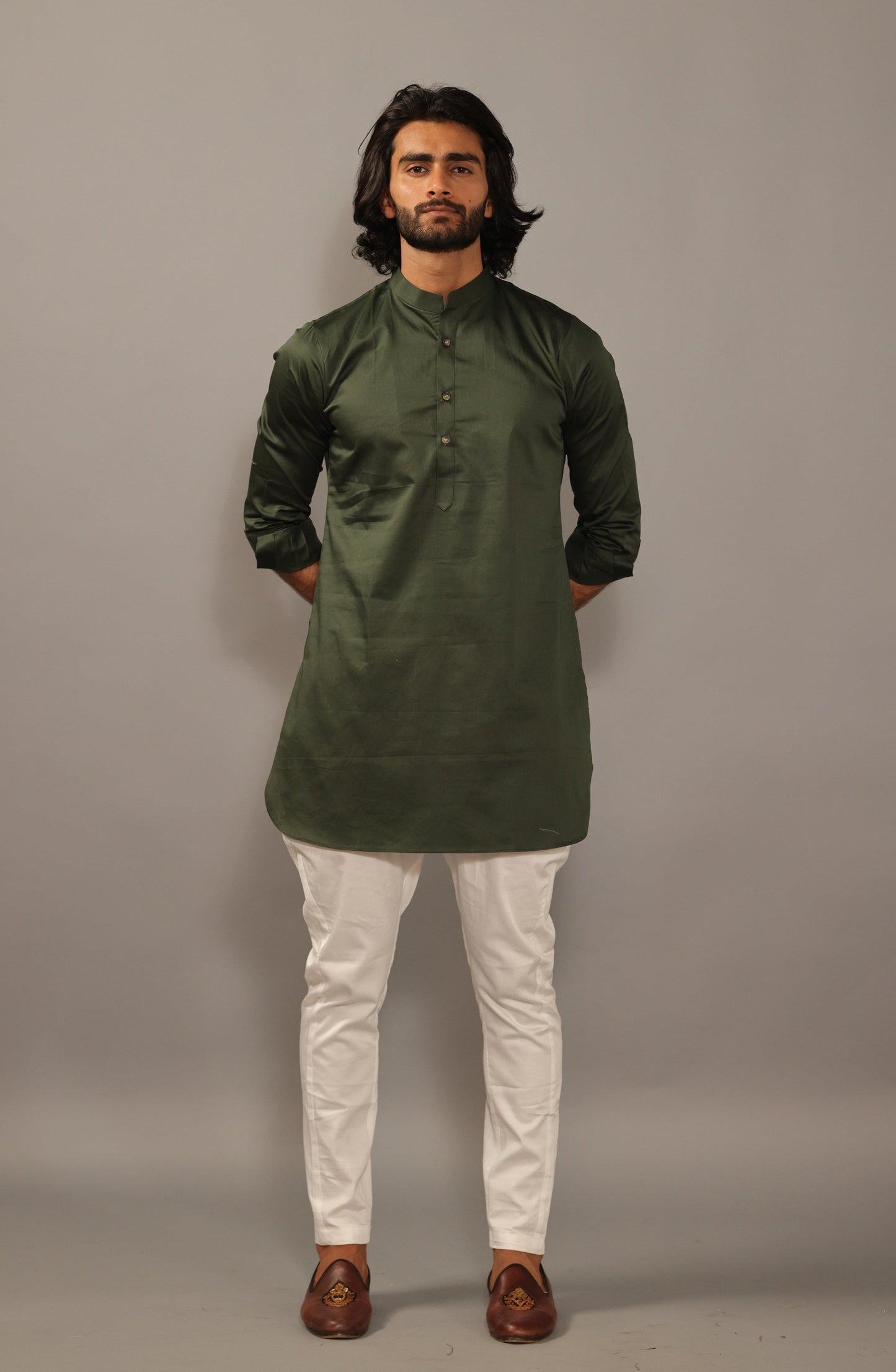 Dark Green Color Short Kurta Pajama Set