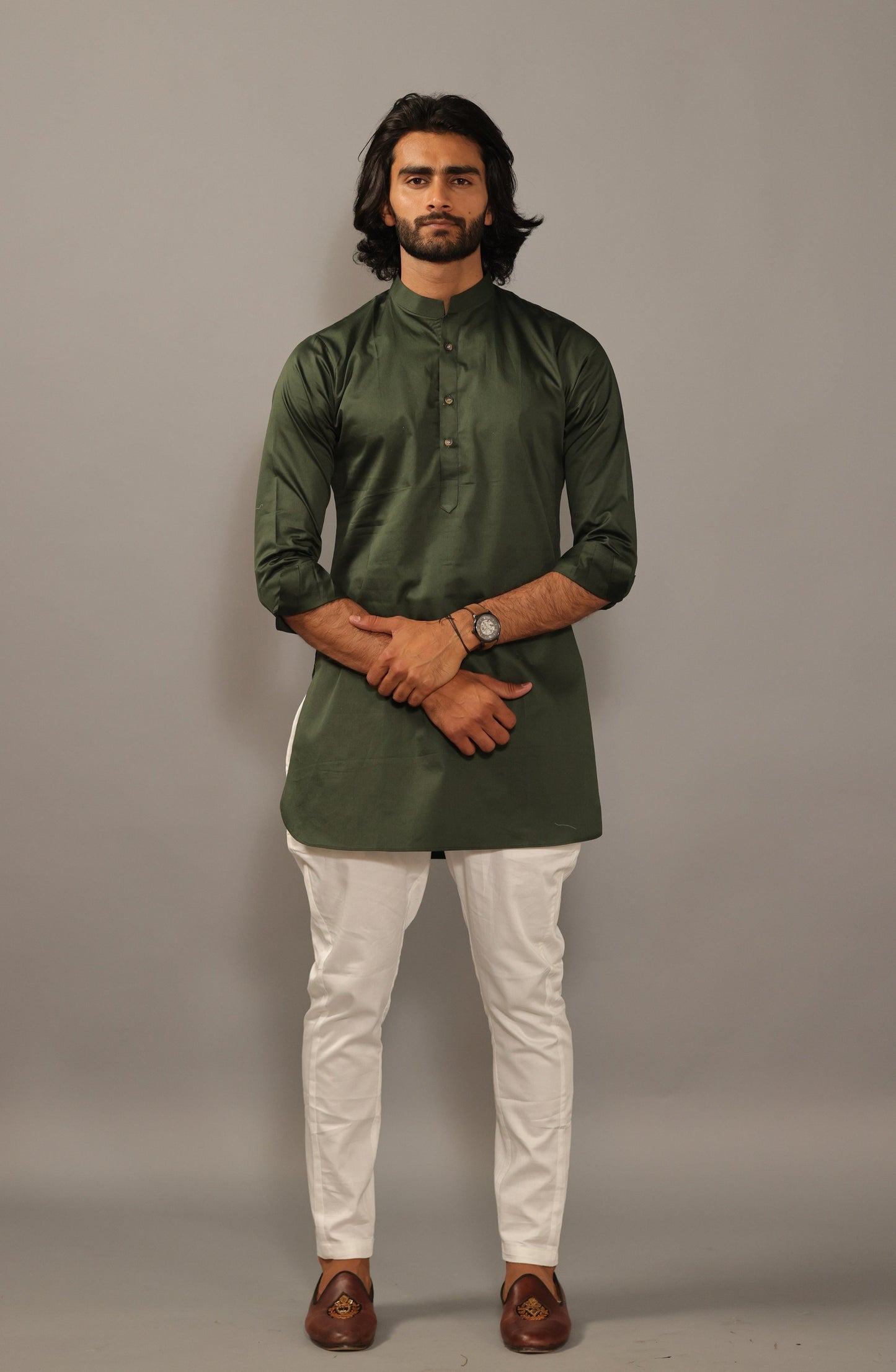 Dark Green Color Short Kurta Pajama Set