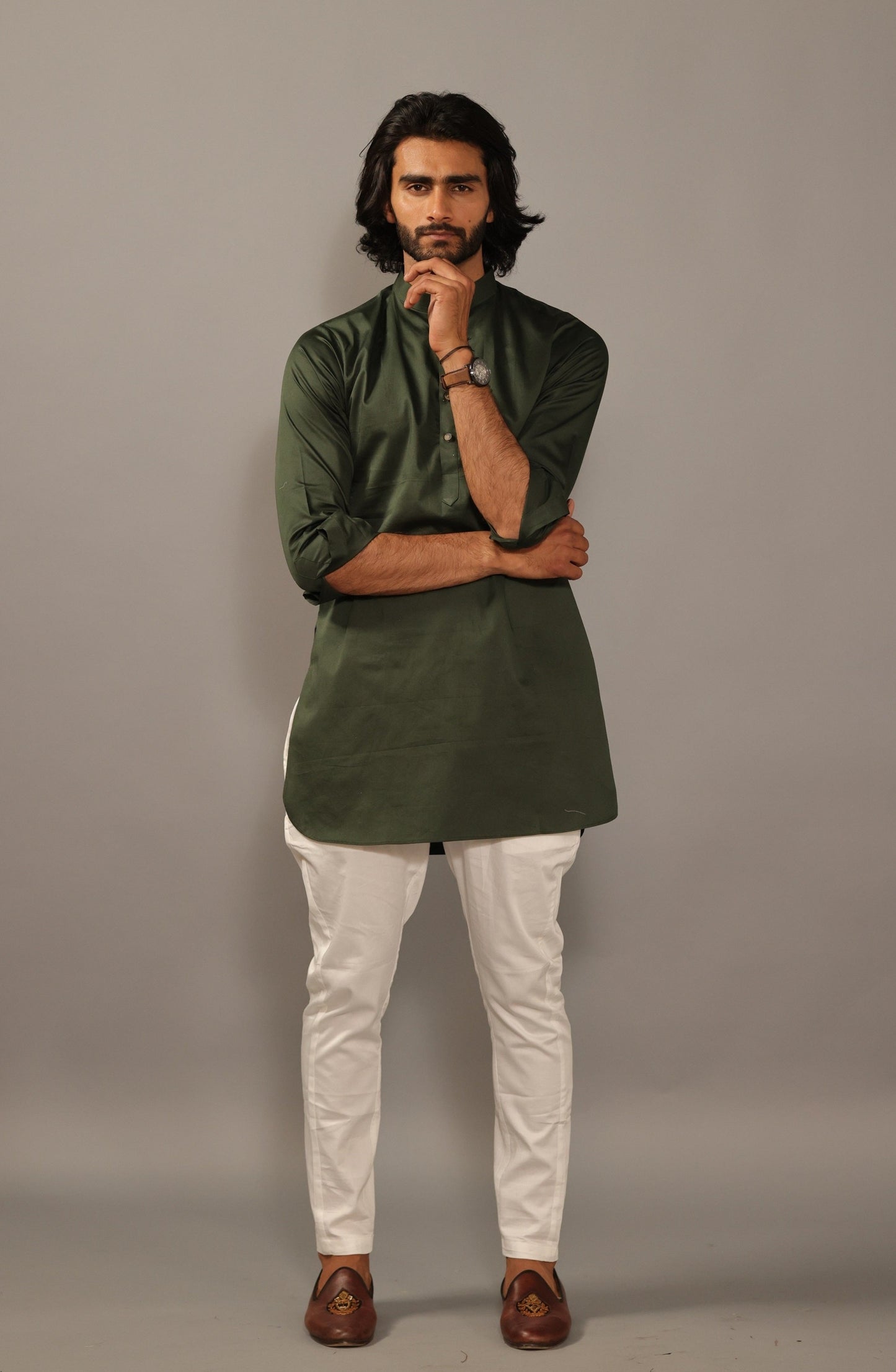Dark Green Color Short Kurta Pajama Set