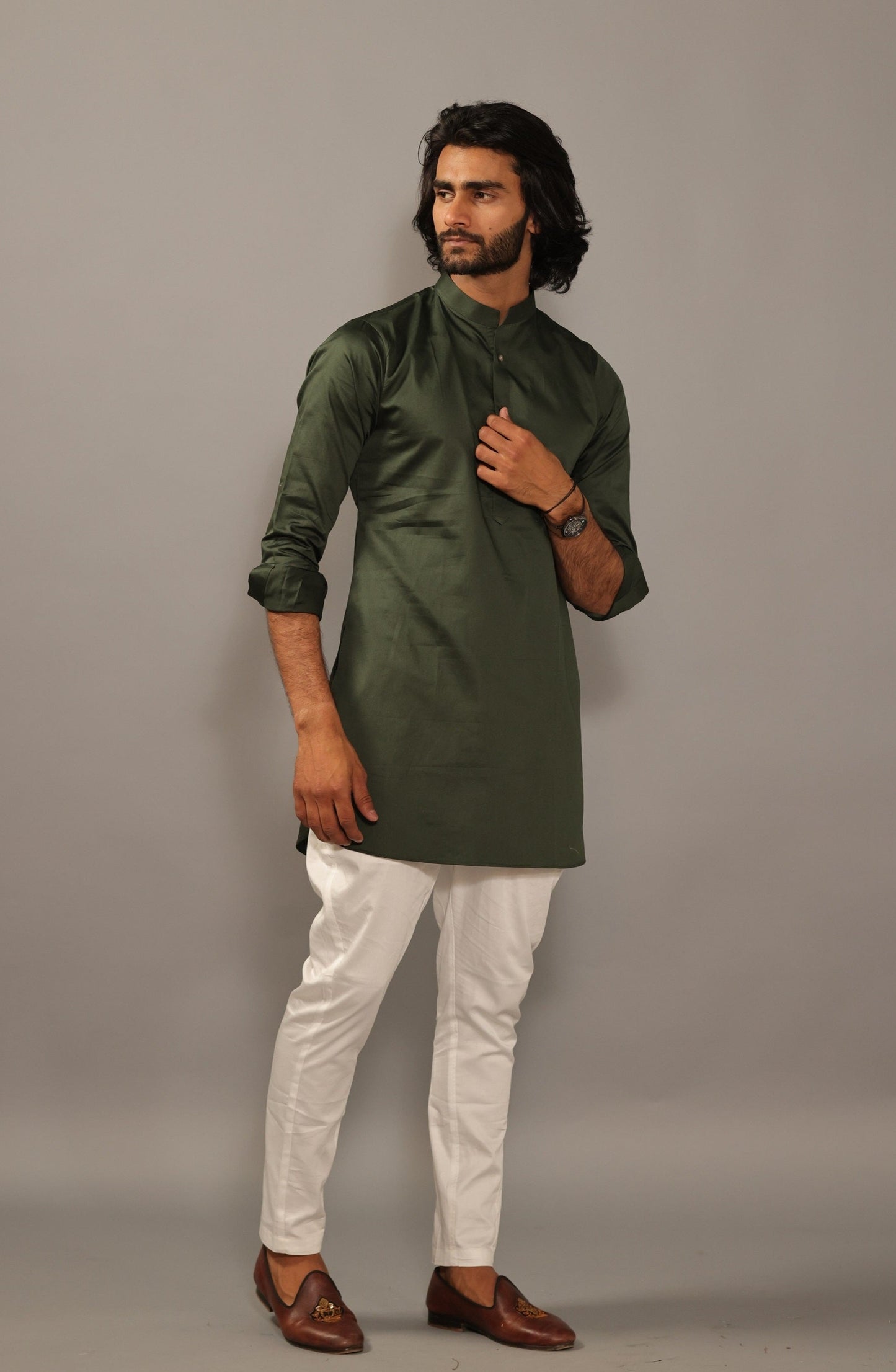 Dark Green Color Short Kurta Pajama Set