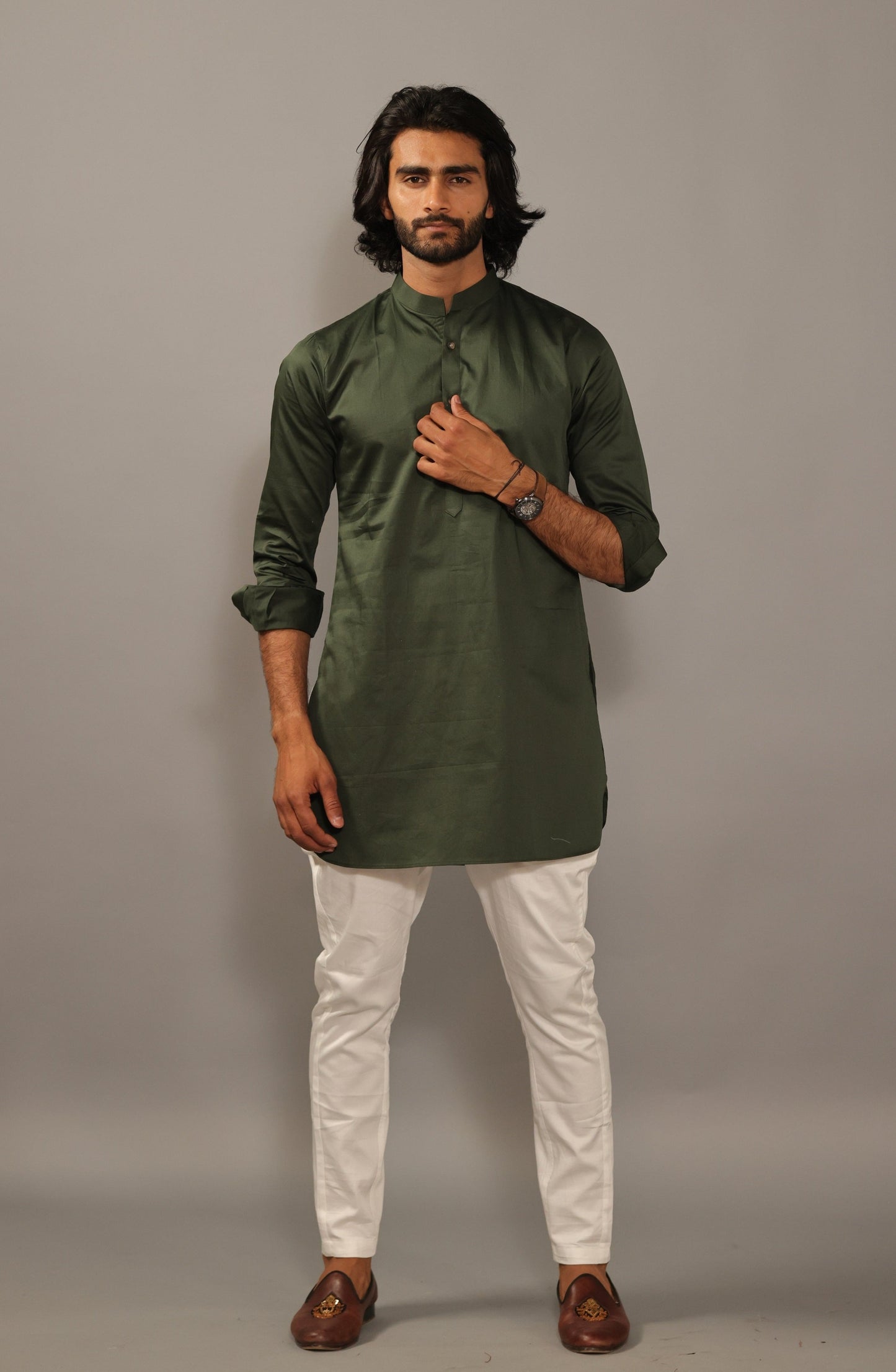 Dark Green Color Short Kurta Pajama Set