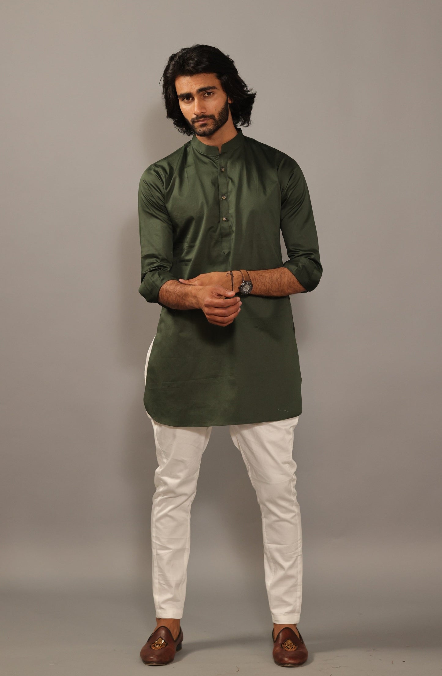 Dark Green Color Short Kurta Pajama Set