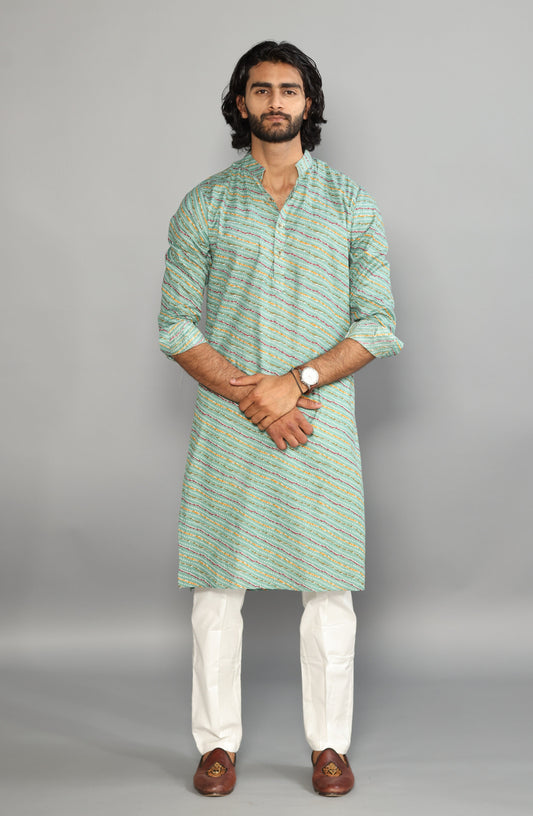 Aqua Green Leheriya Bandhej Jaipuri Printed Kurta Pyjama Set