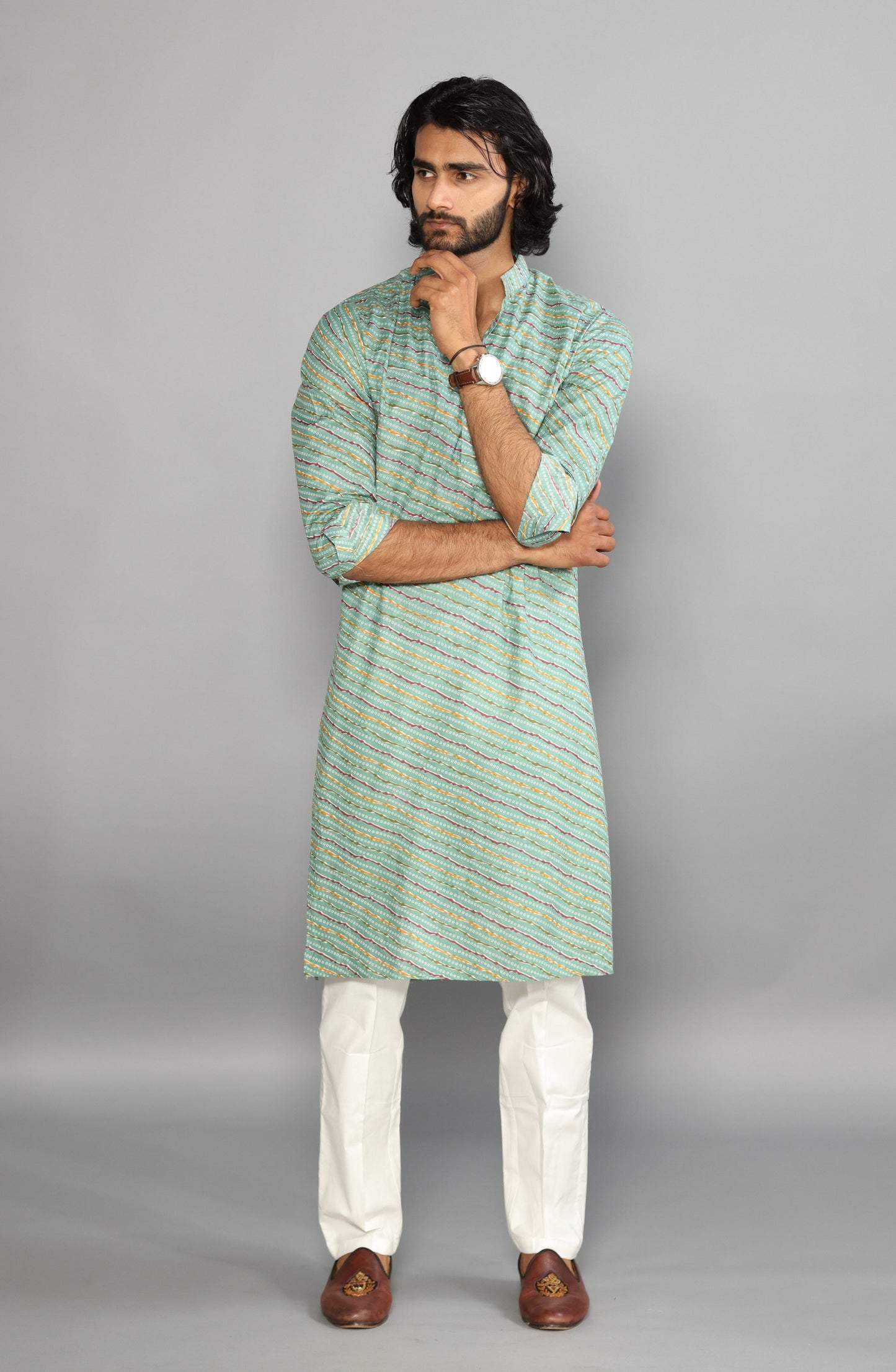Aqua Green Leheriya Bandhej Jaipuri Printed Kurta Pyjama Set