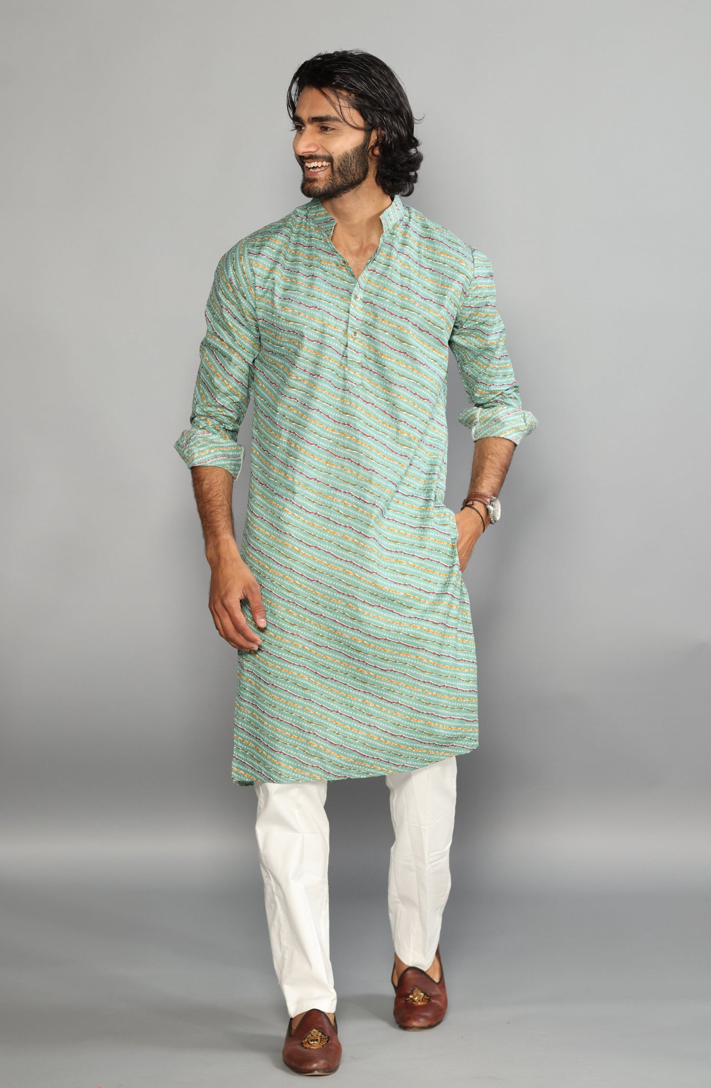 Aqua Green Leheriya Bandhej Jaipuri Printed Kurta Pyjama Set