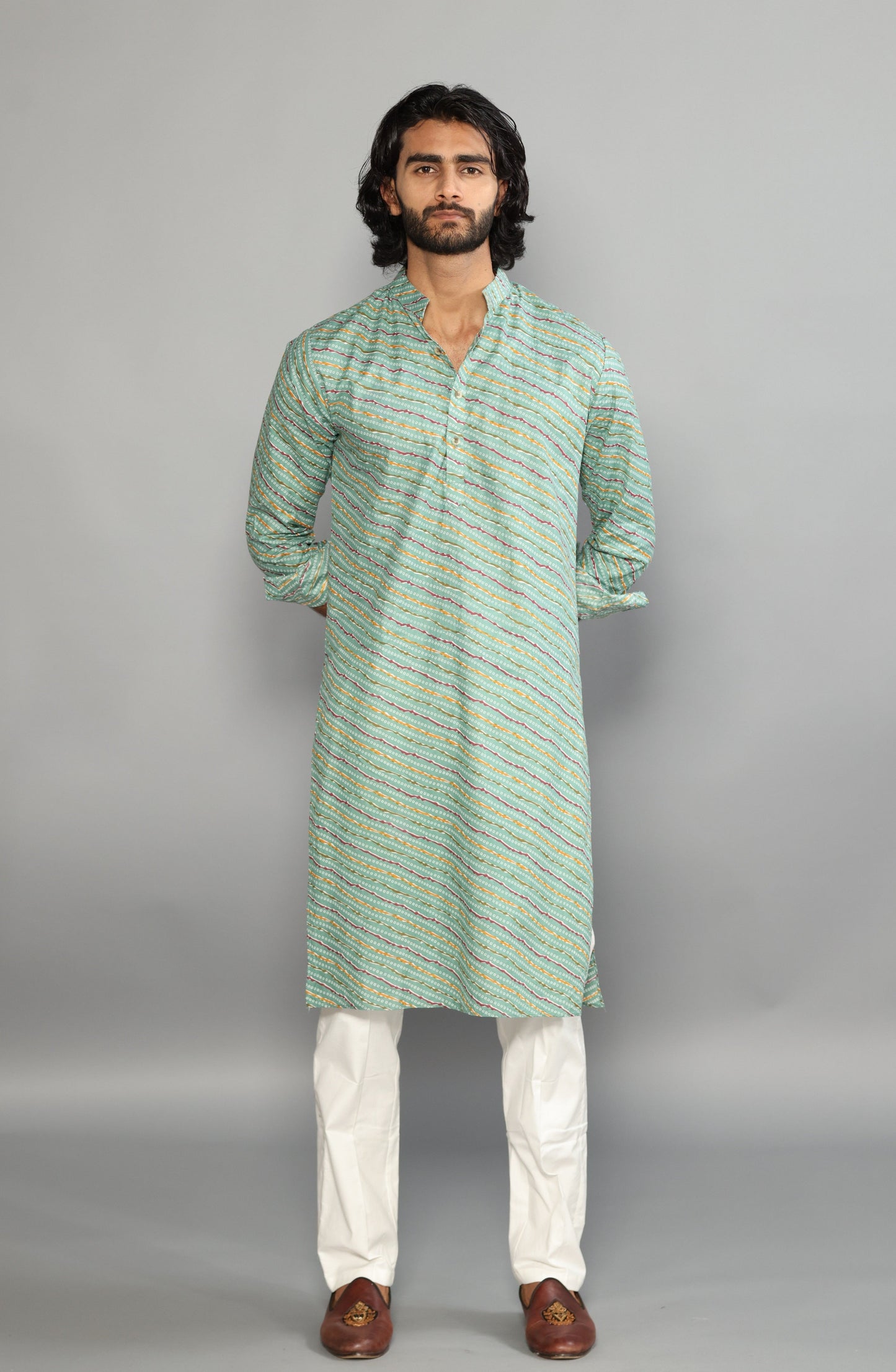 Aqua Green Leheriya Bandhej Jaipuri Printed Kurta Pyjama Set