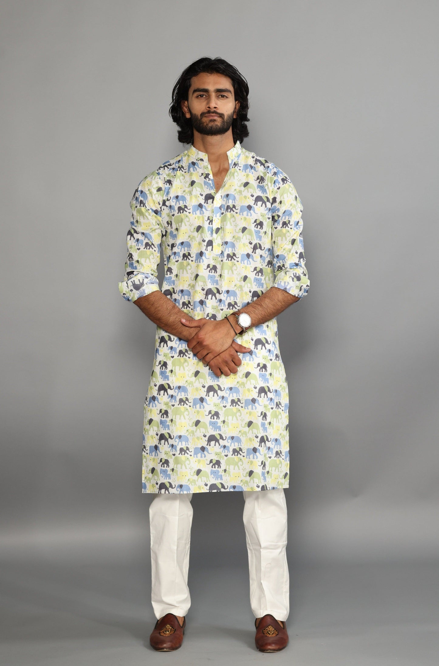 Antique White Elephant Print Sanganeri White Kurta Pyjama Set