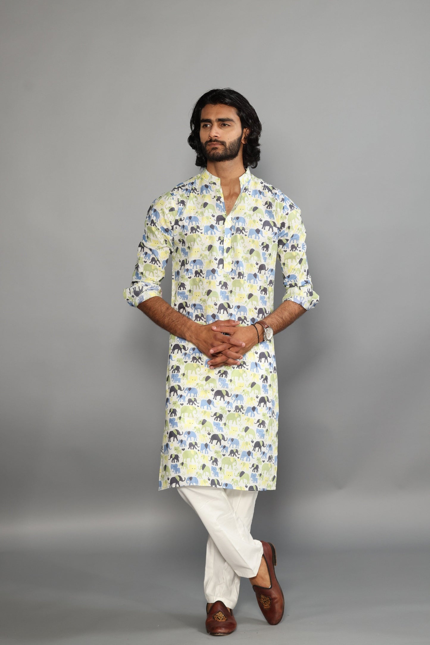 Antique White Elephant Print Sanganeri White Kurta Pyjama Set