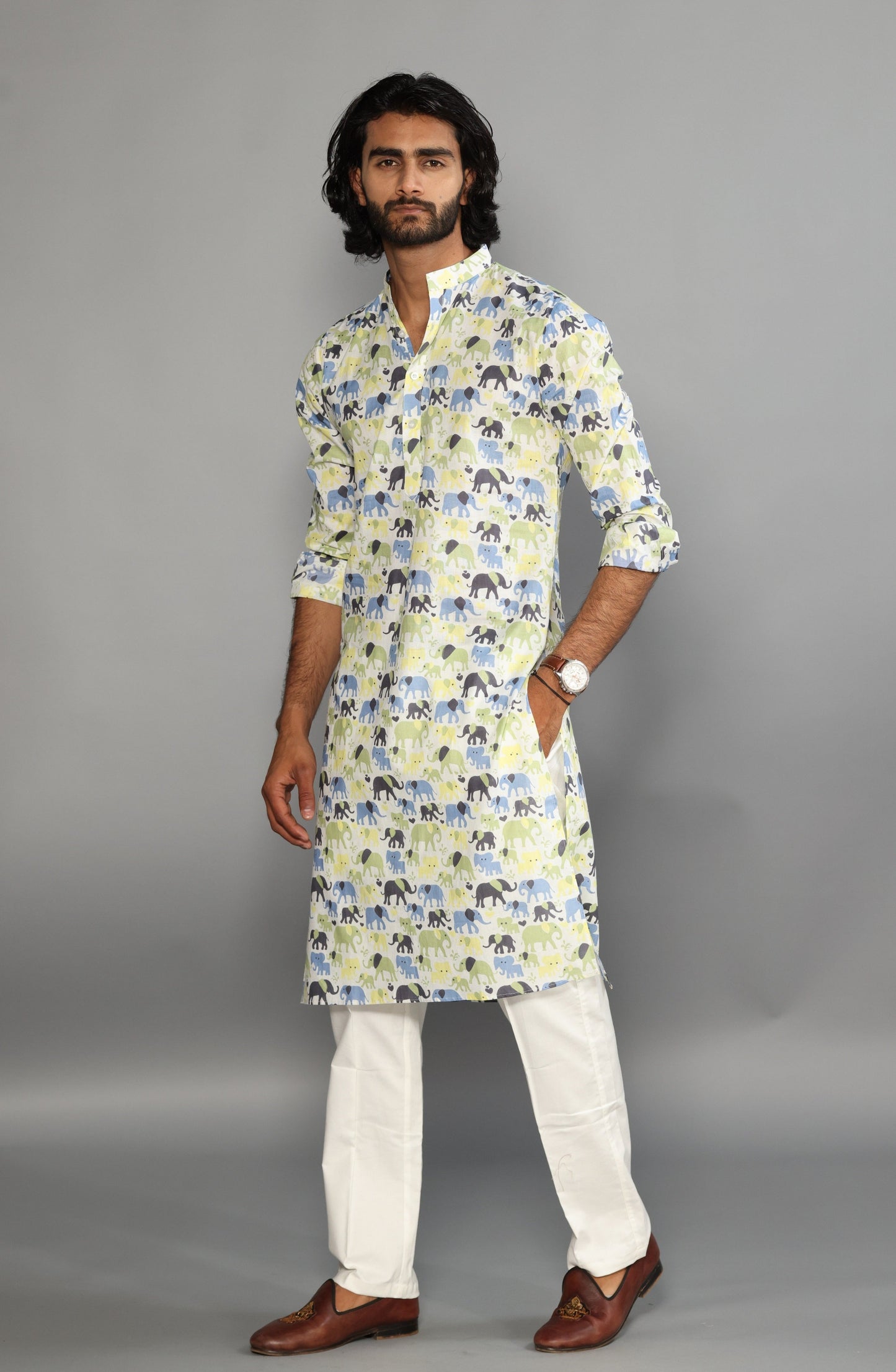 Antique White Elephant Print Sanganeri White Kurta Pyjama Set