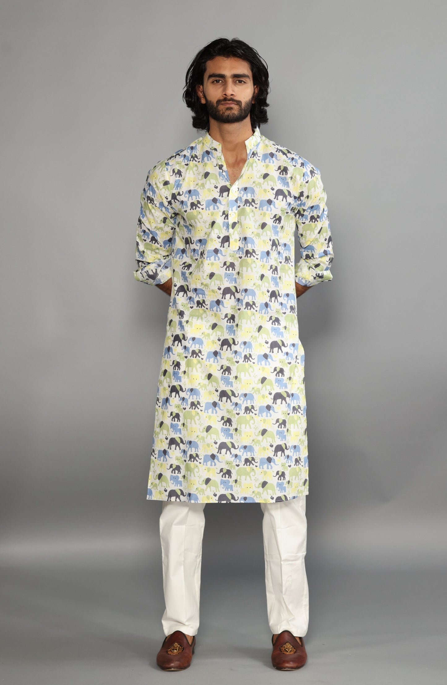 Antique White Elephant Print Sanganeri White Kurta Pyjama Set