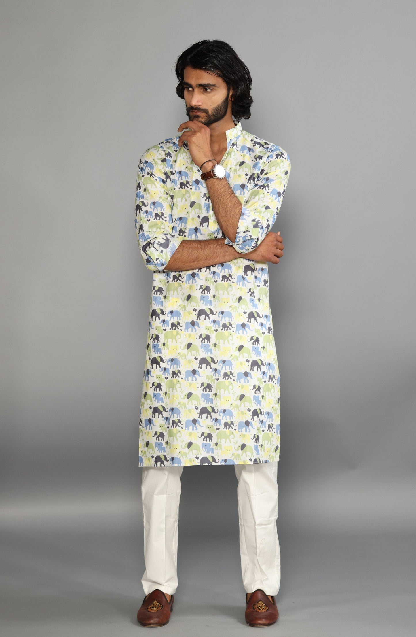 Antique White Elephant Print Sanganeri White Kurta Pyjama Set