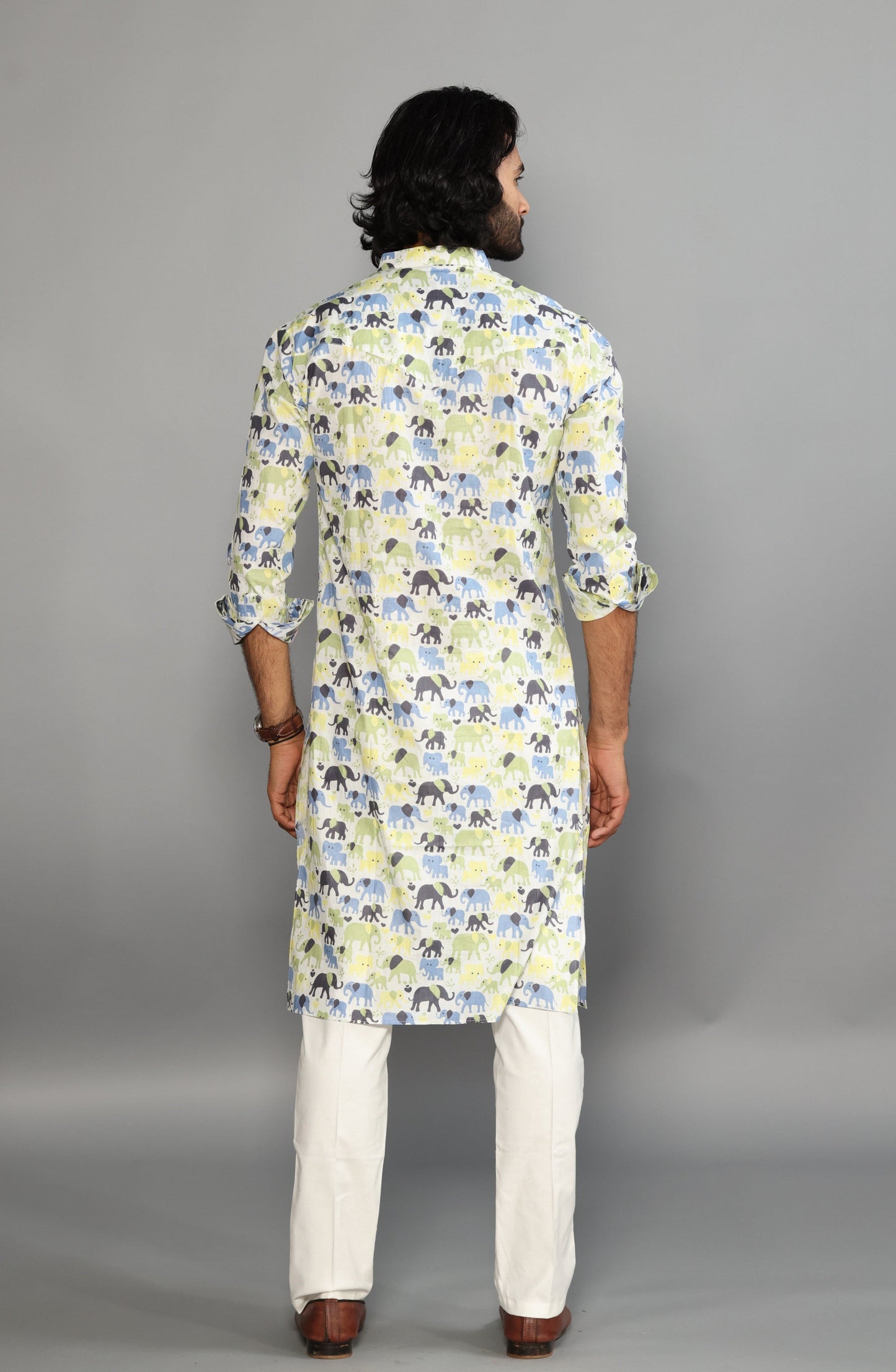 Antique White Elephant Print Sanganeri White Kurta Pyjama Set