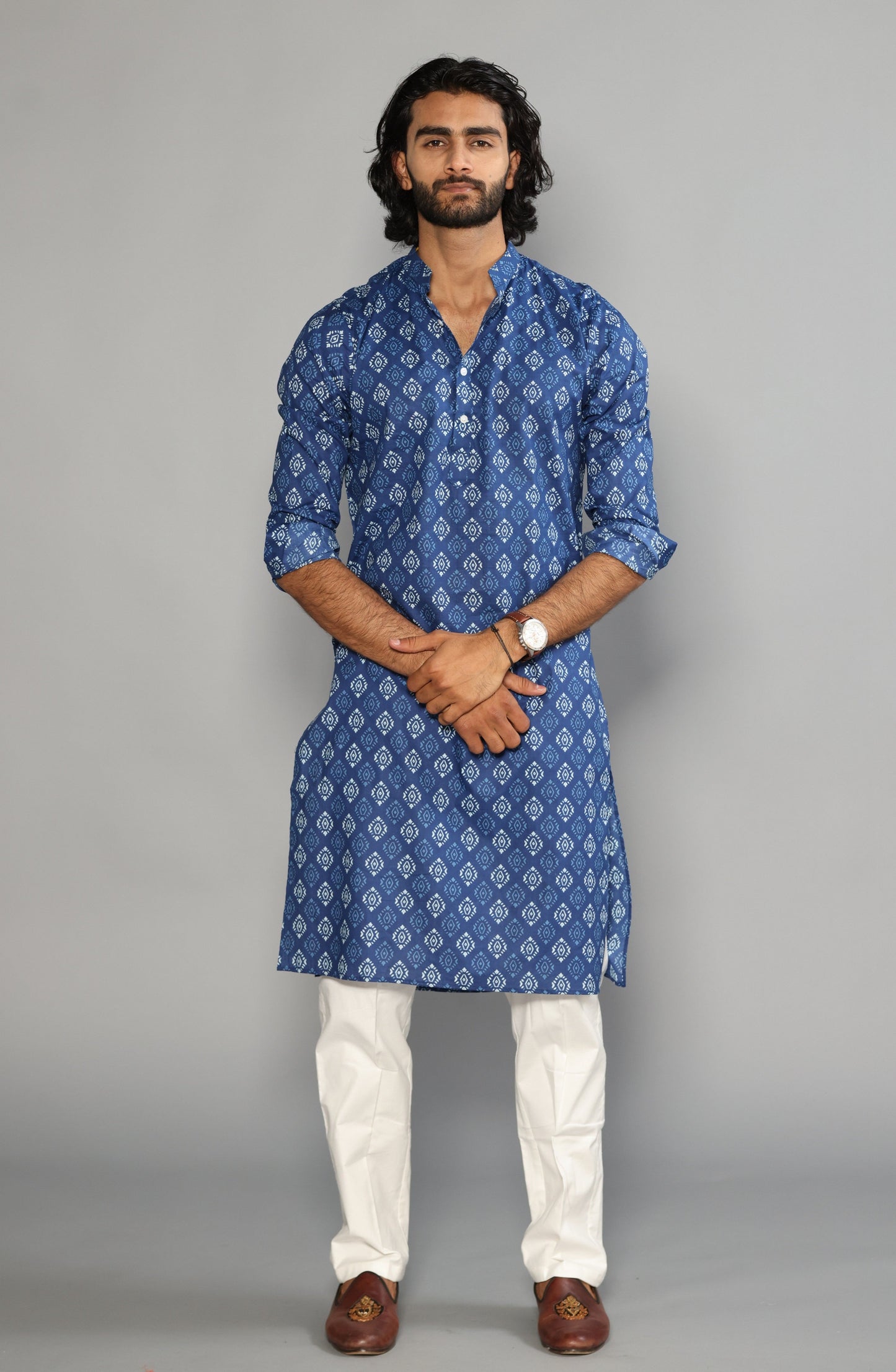 Sanganeri Block Print Navy Blue Kurta Pyjama Set
