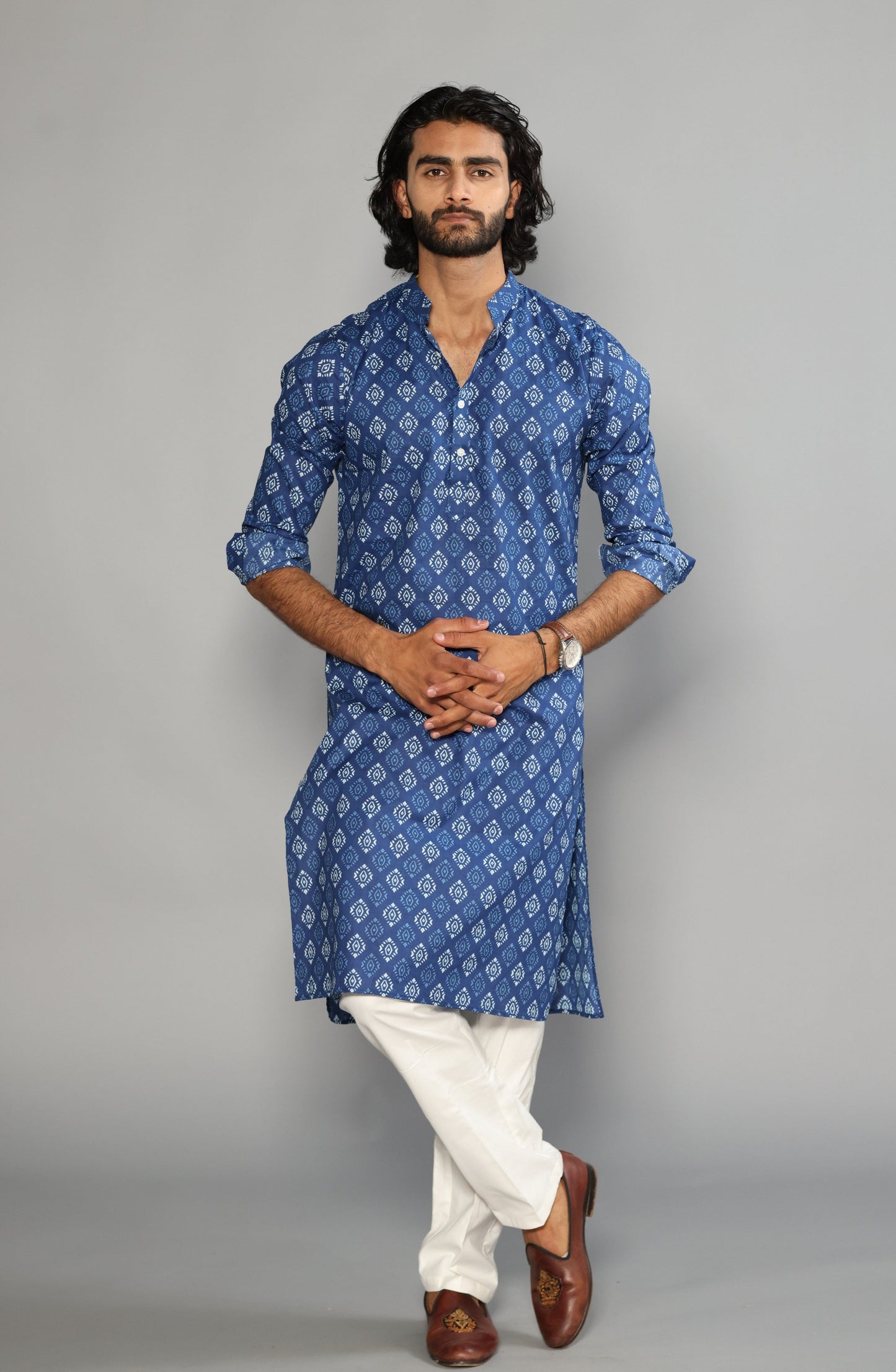 Sanganeri Damask Print Navy Blue Kurta Pyjama Set