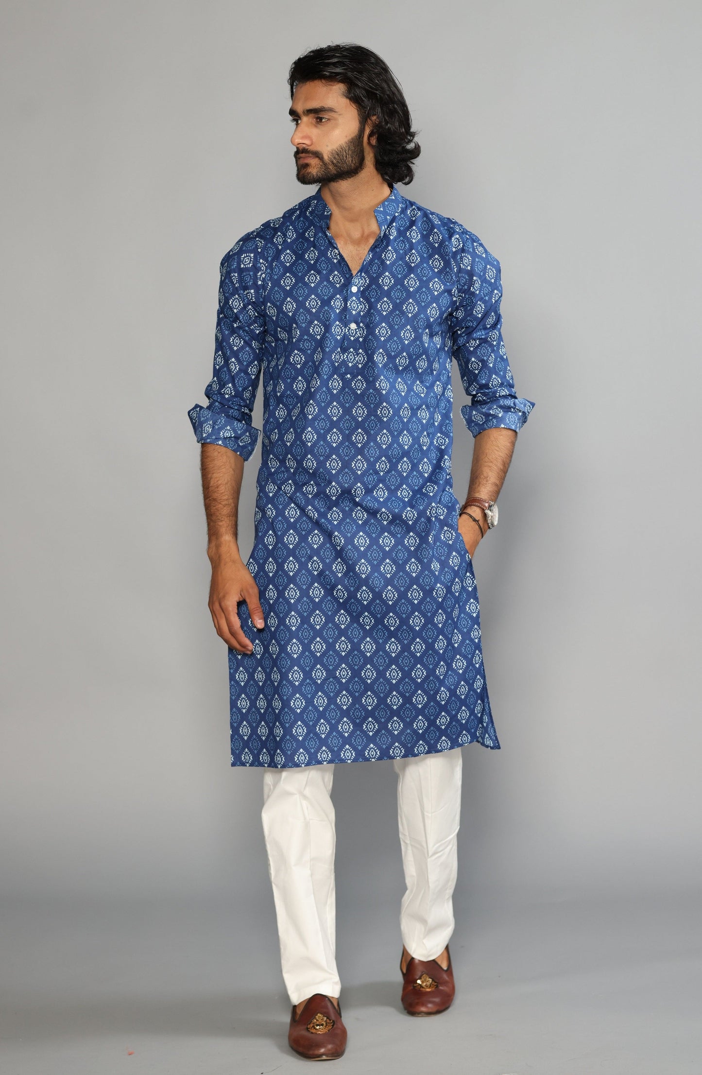 Sanganeri Damask Print Navy Blue Kurta Pyjama Set