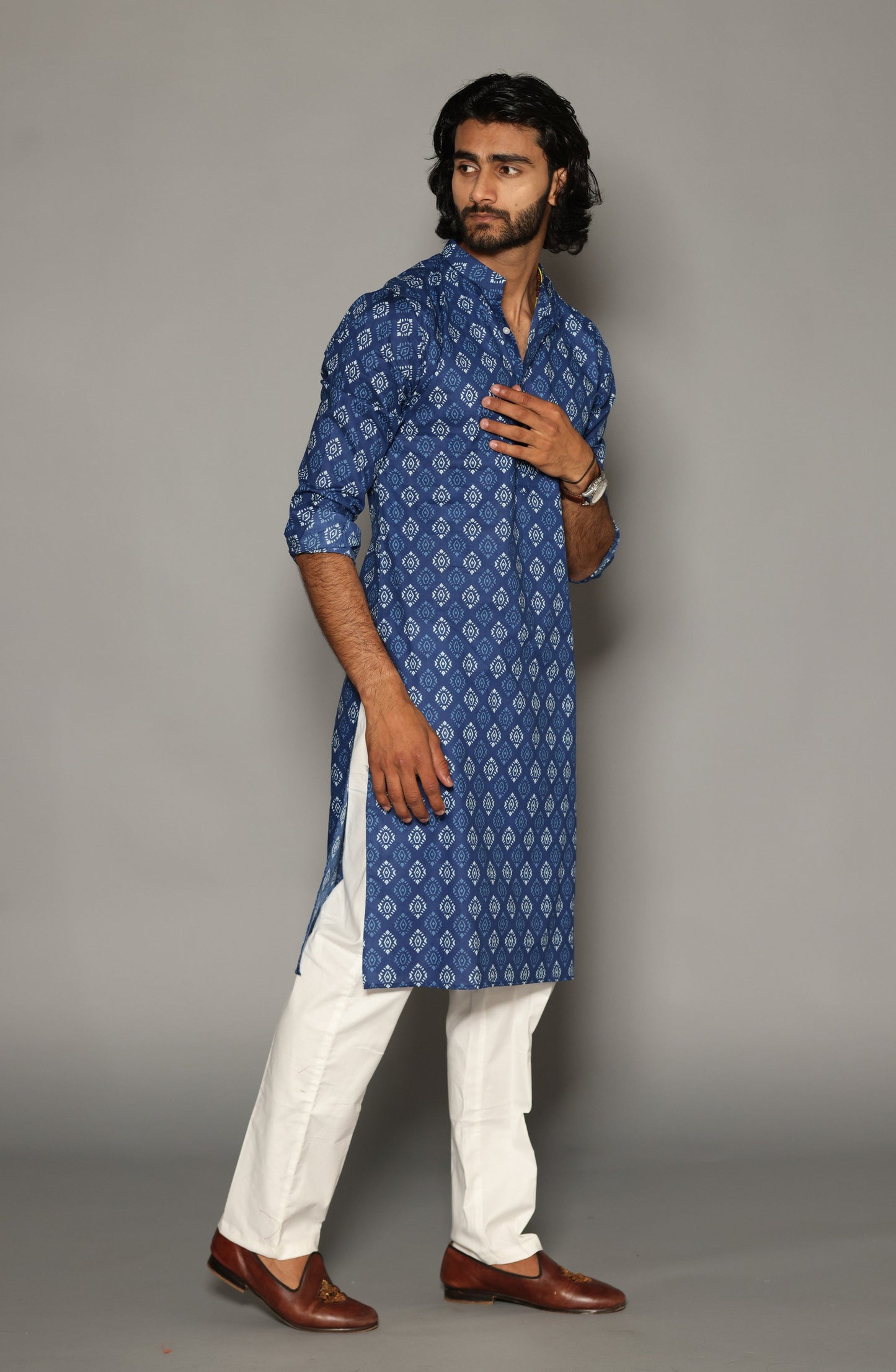 Sanganeri Damask Print Navy Blue Kurta Pyjama Set