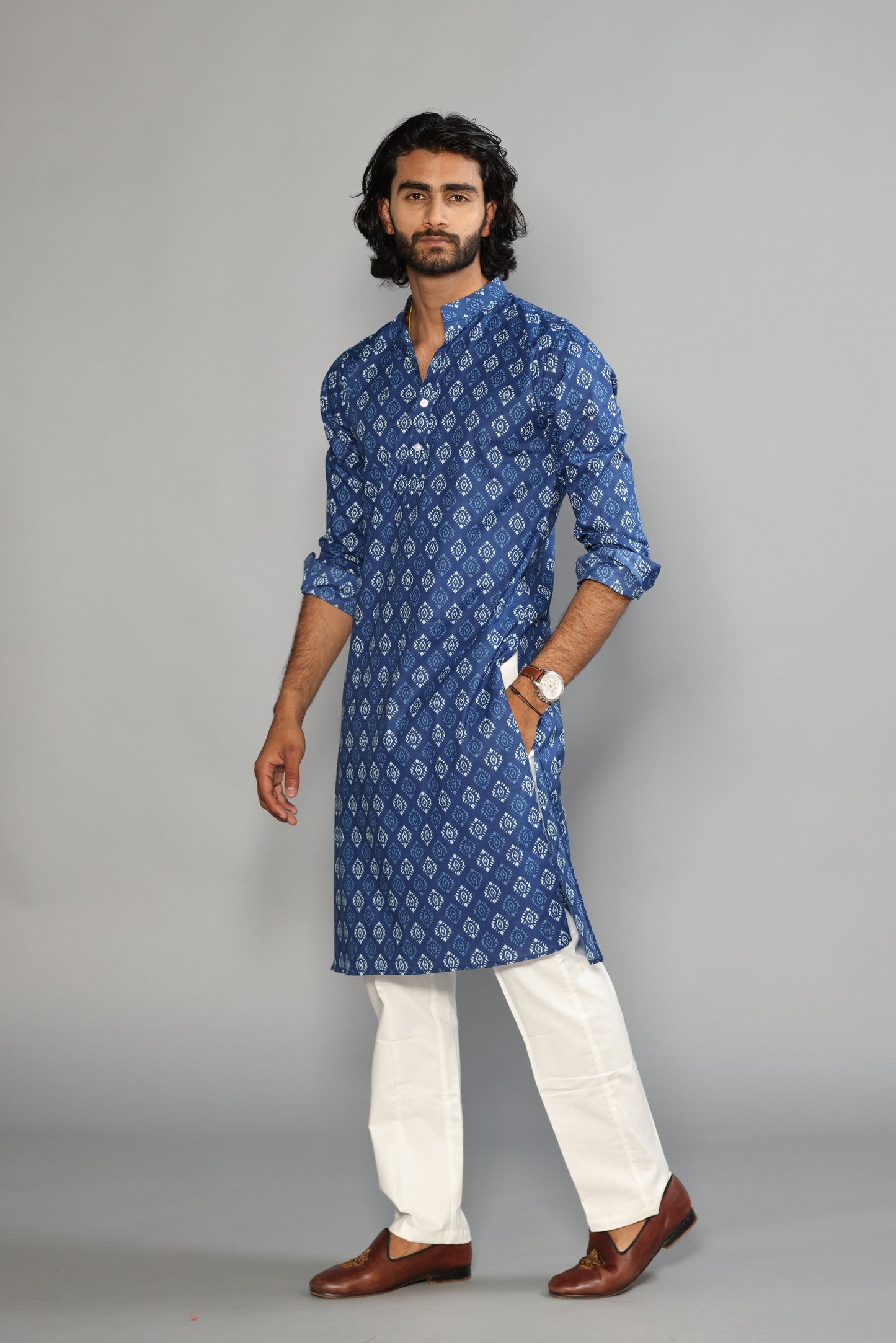 Sanganeri Damask Print Navy Blue Kurta Pyjama Set