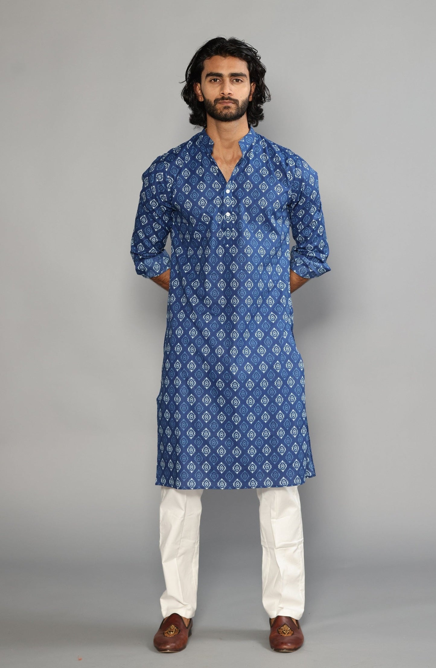 Sanganeri Damask Print Navy Blue Kurta Pyjama Set