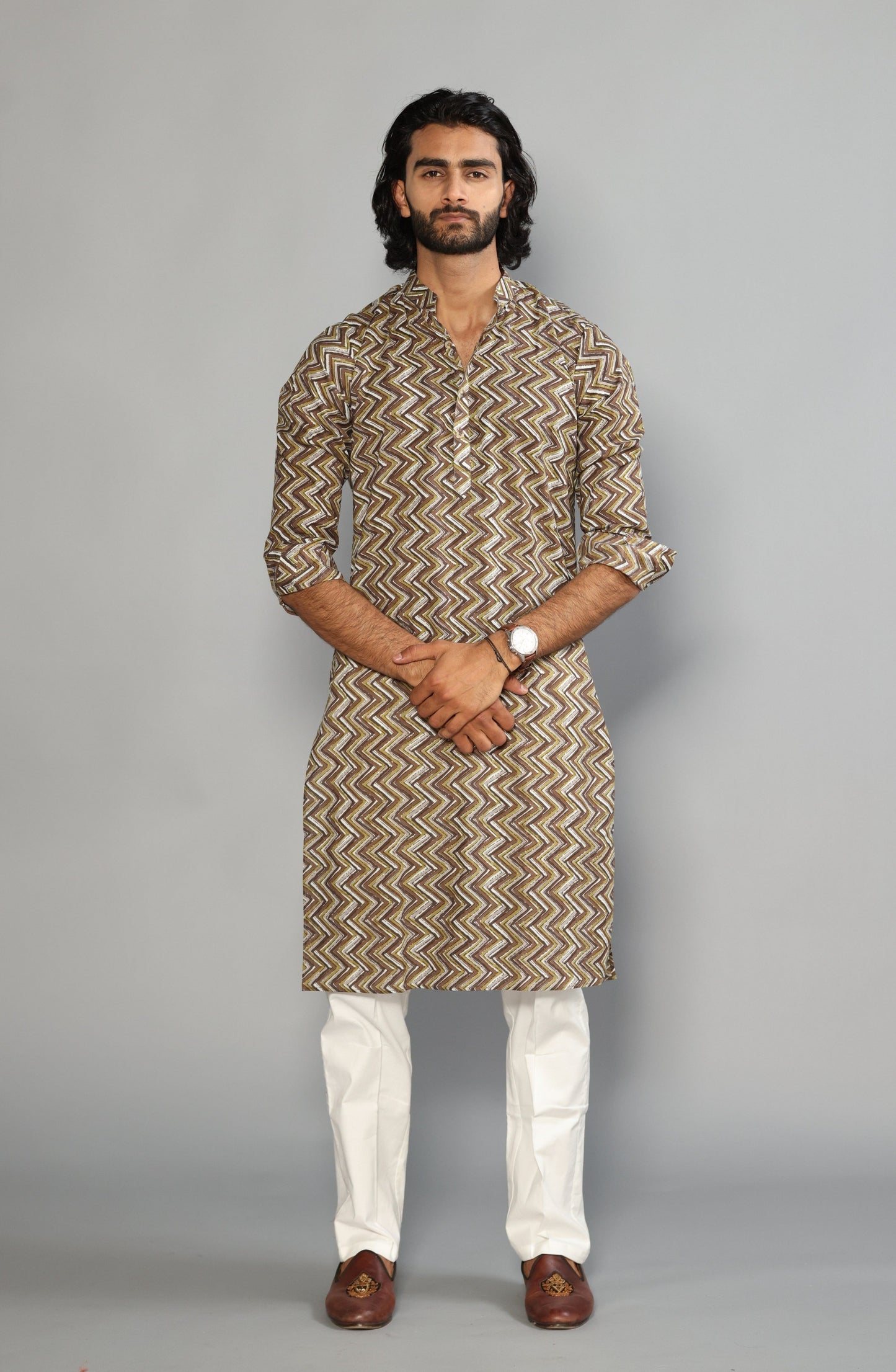 Cedar Brown Zigzag Printed Sanganeri Kurta Pyjama Set